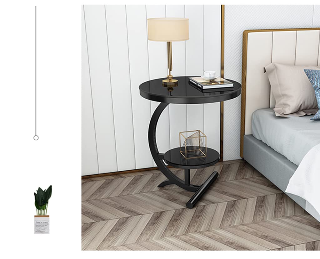 Premium 2-Tier Round Tempered Glass Side Table - Black End Table for Living Room, Bedroom, Hotel | Sturdy & Stylish Sofa Table for Coffee, Books, Lamps & Decor