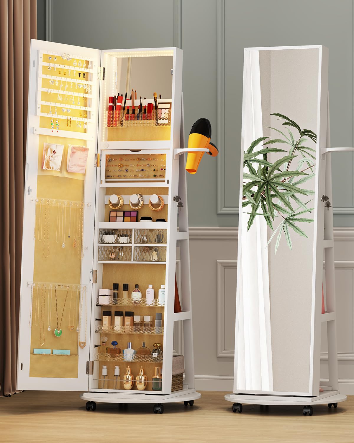 Full Length Mirror with Jewelry Storage - 360° Rotating Jewelry Armoire Organizer with LED Lights & Lockable Cabinet - Standing Jewelry Mirror for Bedroom, Dressing Room & Christmas Gifts (White)
