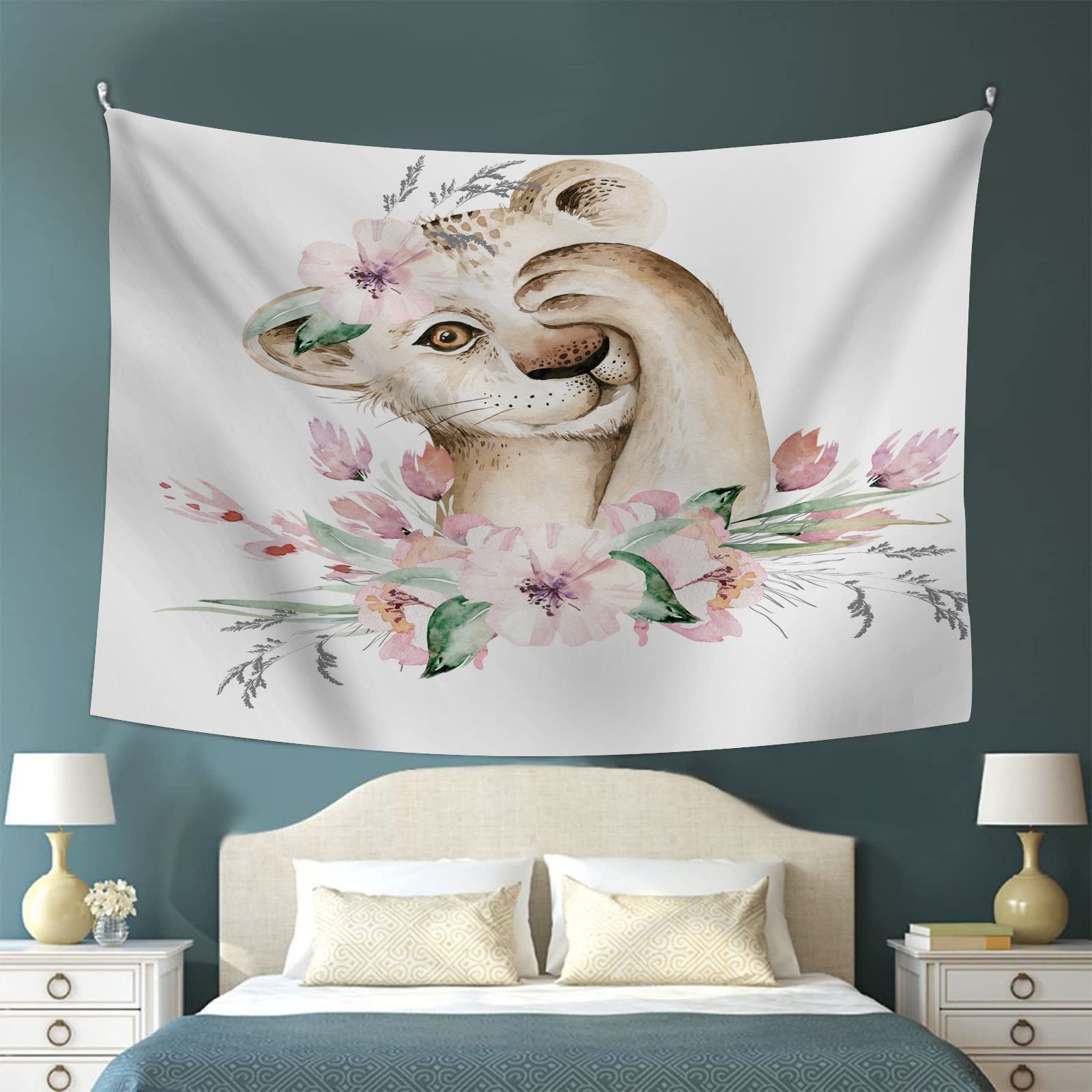 IBILIU Cute Lion Floral Tapestry Wall Hanging - 60x51 Inch Bohemian Lion Flower Wall Decor for Bedroom, Living Room, Dorm - Perfect for Home Decor, Photo Backdrops & Boho Chic Room Aesthetics