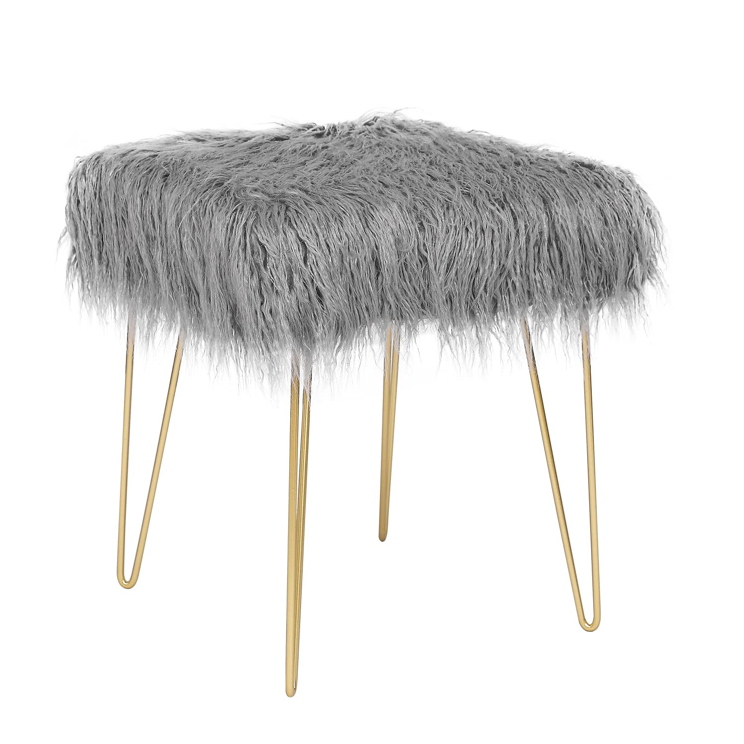 Joveco Square Fur Ottoman Footrest with Metal Legs - Elegant Grey Footstool for Bedroom, Living Room | Perfect for Reading Nook, Lounge Chair Companion & Home Decor Accent