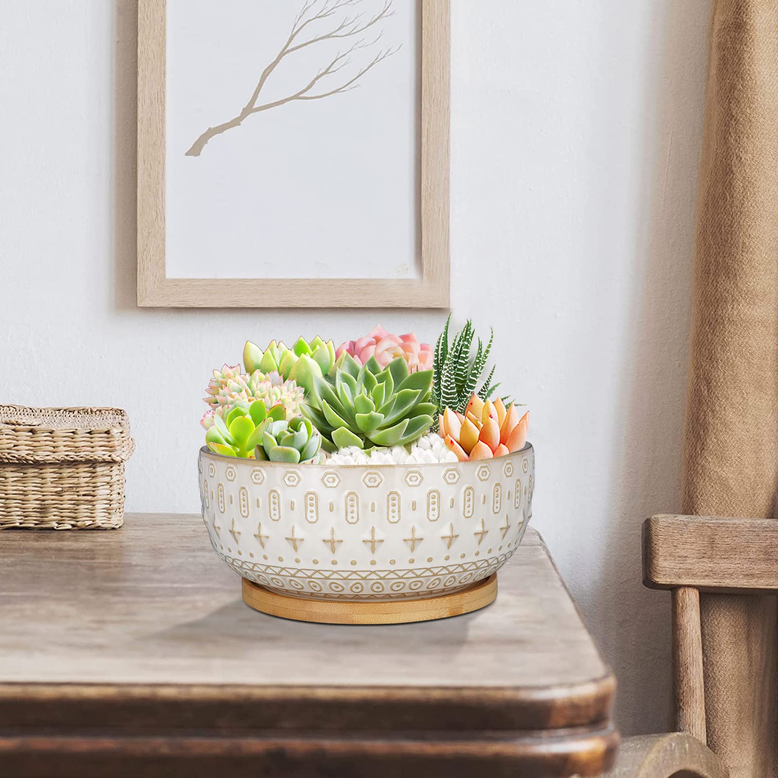 8 Inch White Ceramic Succulent Planter Pots with Drainage Hole - Round Shallow Bonsai Flower Pot with Bamboo Tray for Indoor Plants - Perfect for Home Decor, Office Desk, and Gift Ideas