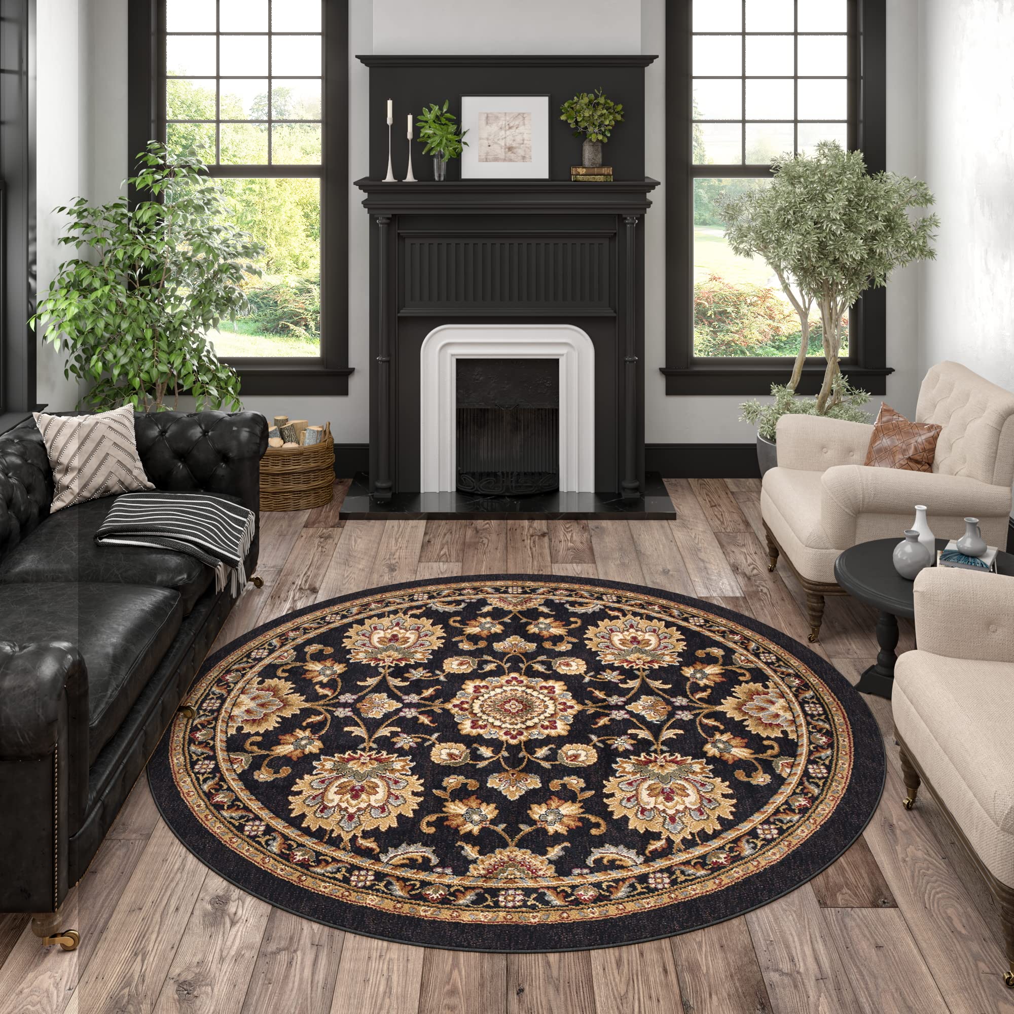 8ft Round Indoor Area Rug for Living Room, Dining Room, Bedroom & Entryway - Traditional Oriental Black Carpet (7'11