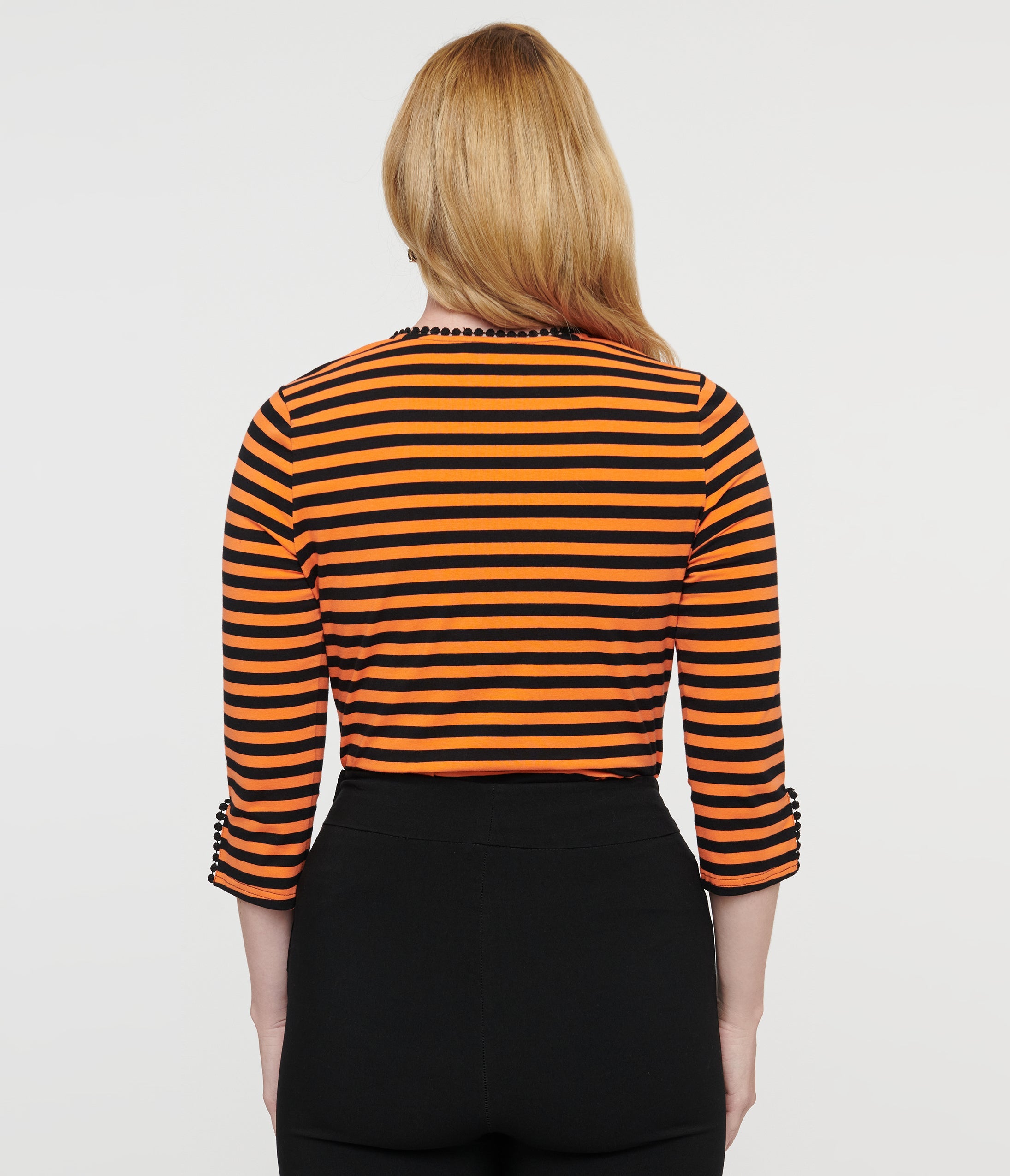 Vintage 1950s Orange & Black Striped Cutout Neck Tie Top | Retro 50s Rockabilly Style Blouse | Perfect for Pin-Up Fashion, Halloween Costumes & Vintage-Themed Parties
