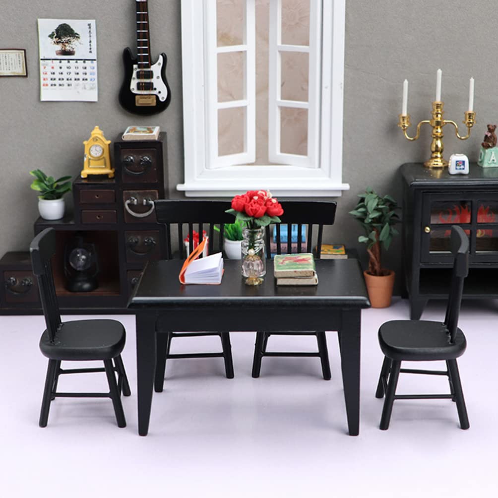5-Piece Miniature Black Wooden Dining Table and Chairs Set - Dollhouse Furniture Accessories for 4 People | Perfect for Dollhouse Decor, Miniature Displays, and Collectible Scenes