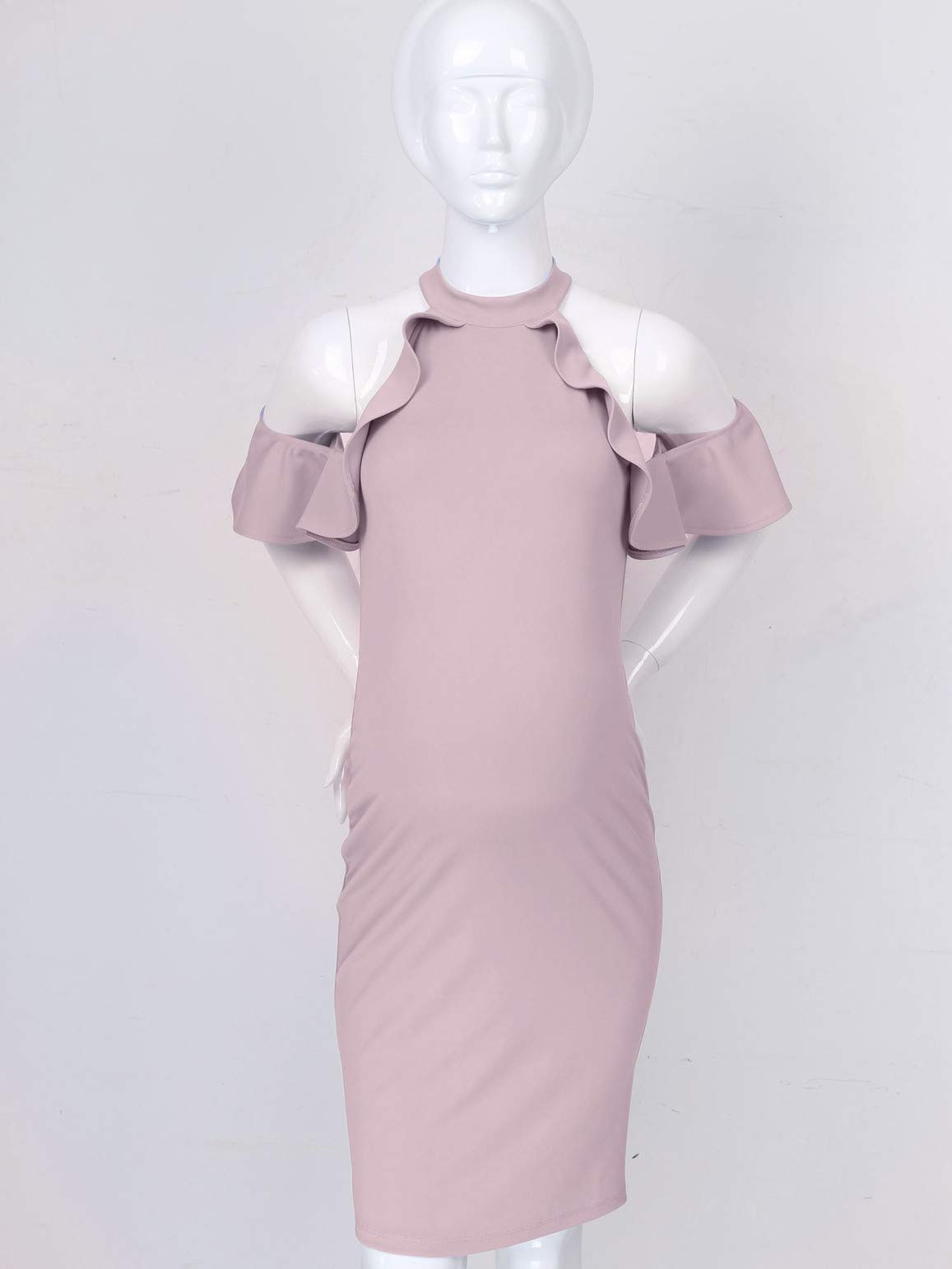 Maternity Cold Shoulder Dress for Women - Ruffle Short Sleeve Bodycon Pregnancy Photo Shoot Dress | Baby Shower, Maternity Photoshoot, Special Occasion Wear