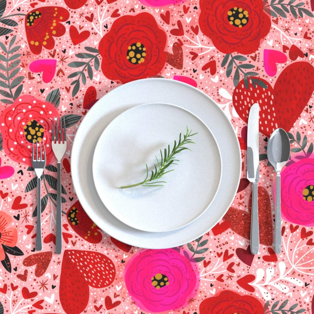 Custom Printed Cotton Sateen Tablecloth 70x120 Inches - Valentine's Day Hearts Roses Floral Design Sparkle Table Linens for Dining Room Decor & Romantic Dinner Parties