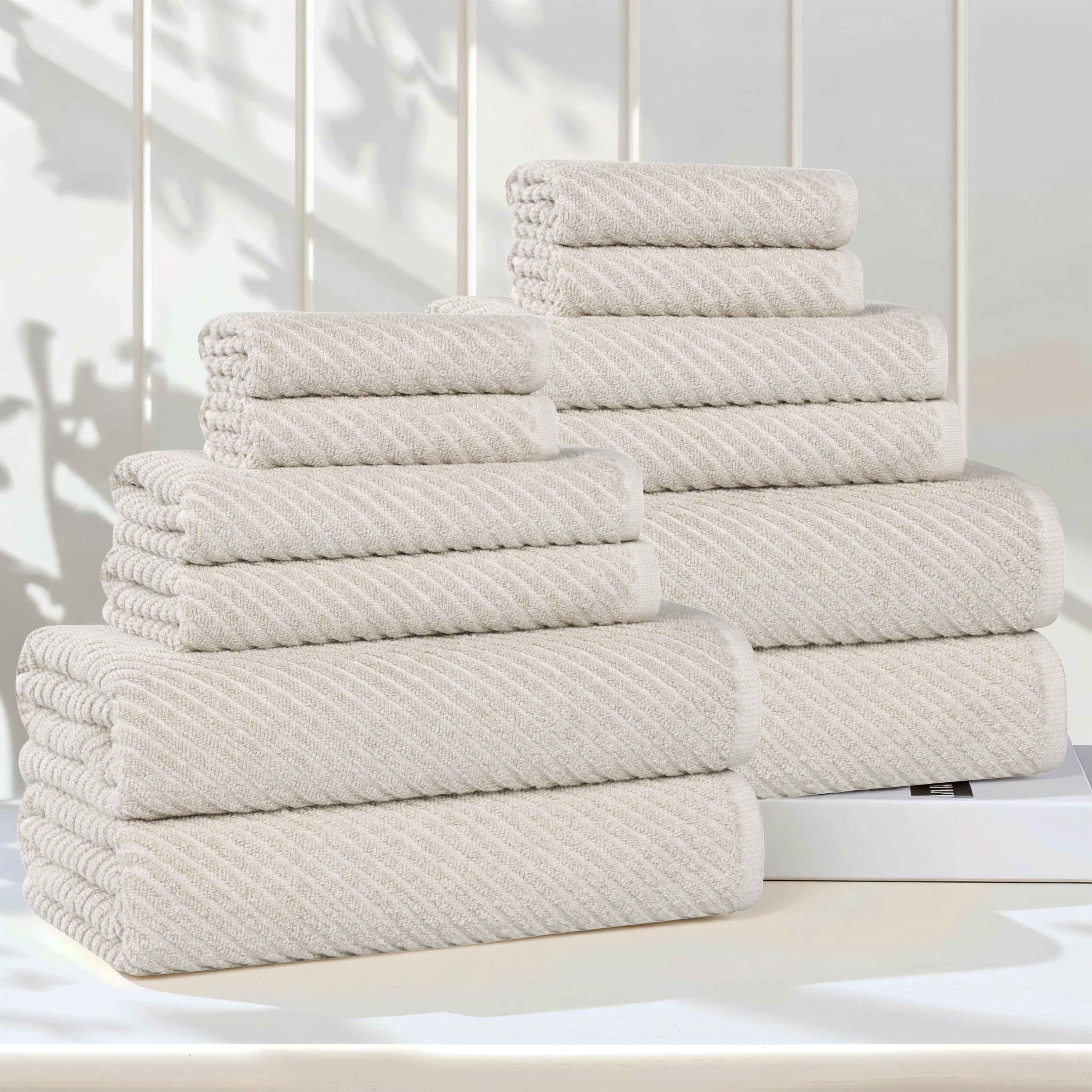 Amelia 12-Piece Cotton Blend Towel Set - Medium Weight Diagonal Stripes for Bath, Spa & Beach - Soft & Absorbent Luxury Towels