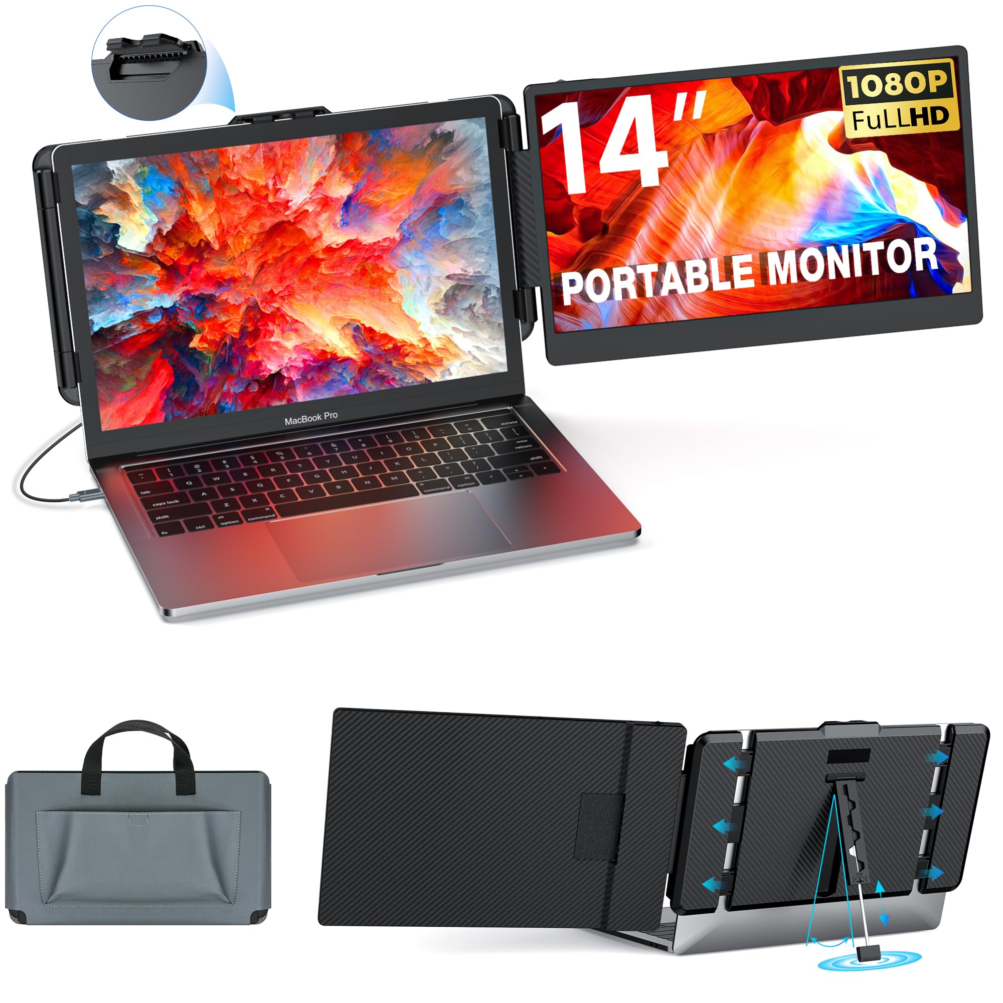 Kwumsy 14 Inch FHD 1080P Portable Monitor for Laptop - Dual Screen USB-C Plug & Play External Display, Compatible with Windows/Mac/Chrome OS, Lightweight Second Monitor for 13-17.3