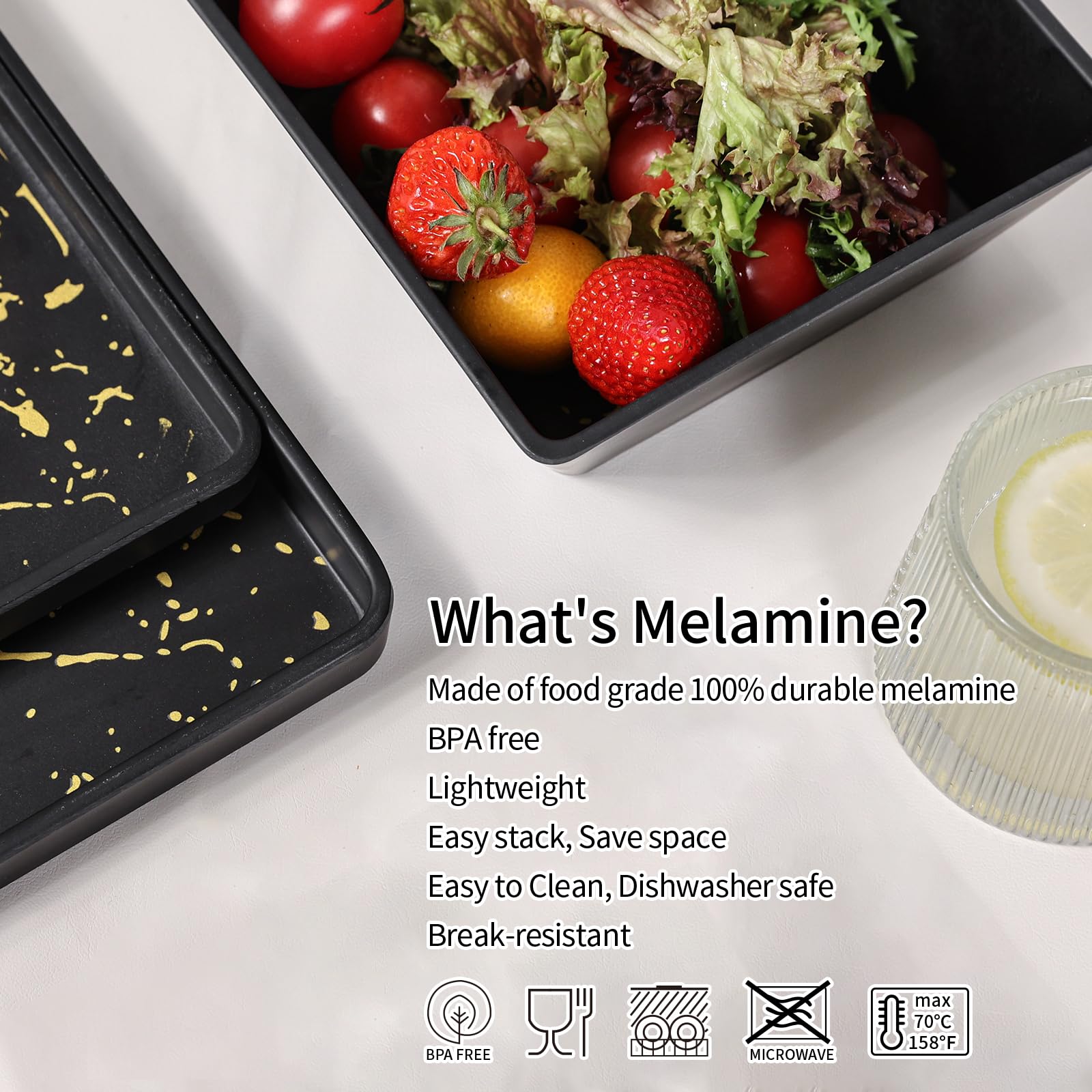 Premium 12-Piece Melamine Dinnerware Set - Square Plates & Bowls for 4, Durable & Dishwasher Safe, Elegant Black & Gold Design for Indoor/Outdoor Dining, Parties, and Picnics