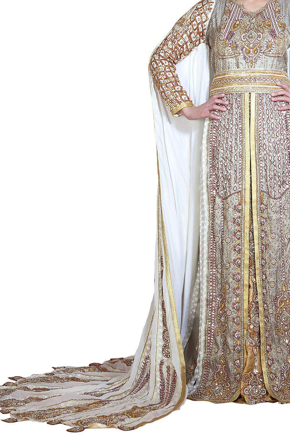 Elegant Gold & Off-White Gray Modern Moroccan Wedding Dress Long Sleeve Caftan - Perfect for Bridal Showers, Destination Weddings & Special Occasions