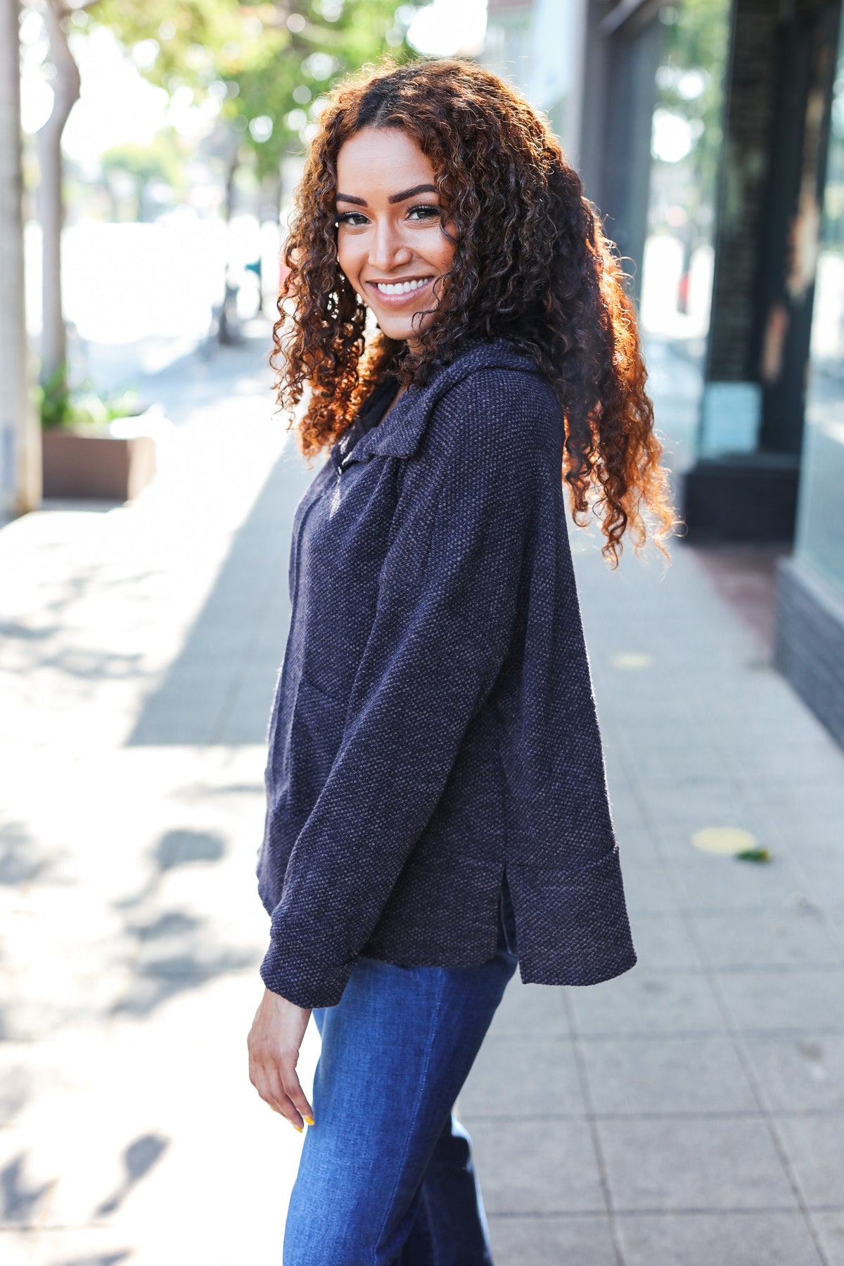 Easy Living Charcoal Textured Knit Notch Neck Oversized Collar Sweater | Women's Chunky Knit Pullover | Cozy Winter Fashion for Casual Outings & Coffee Dates