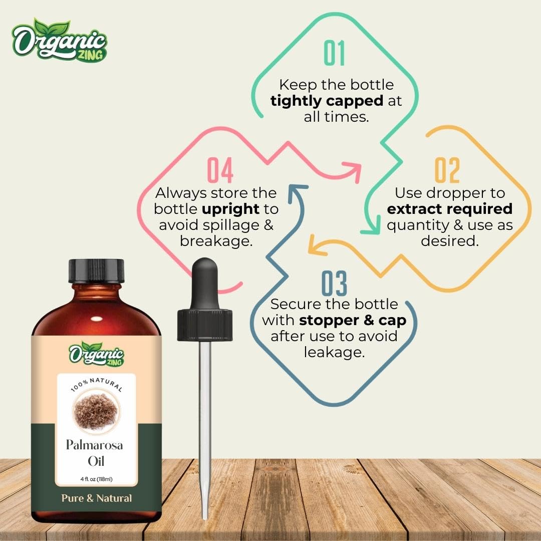 Pure Organic Palmarosa Essential Oil (Cymbopogon Martinii) - 100% Natural Aromatherapy Oil for Diffusers, Skincare & Haircare - 3.99 fl oz - Perfect for Relaxation, Massage & DIY Beauty Products
