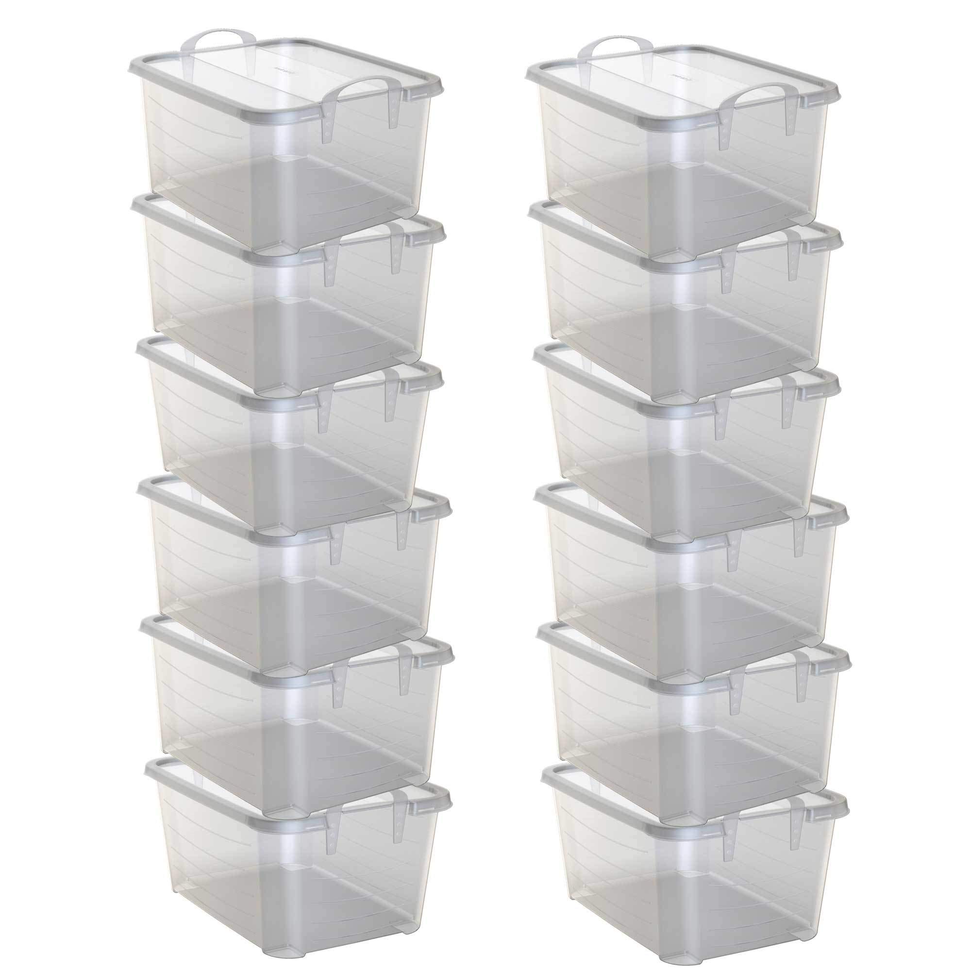 12-Pack Clear 55 Qt. Stackable Plastic Storage Bins with Handles & Snap-On Lids - Organize Closet, Garage, Pantry, Toys & Holiday Decorations