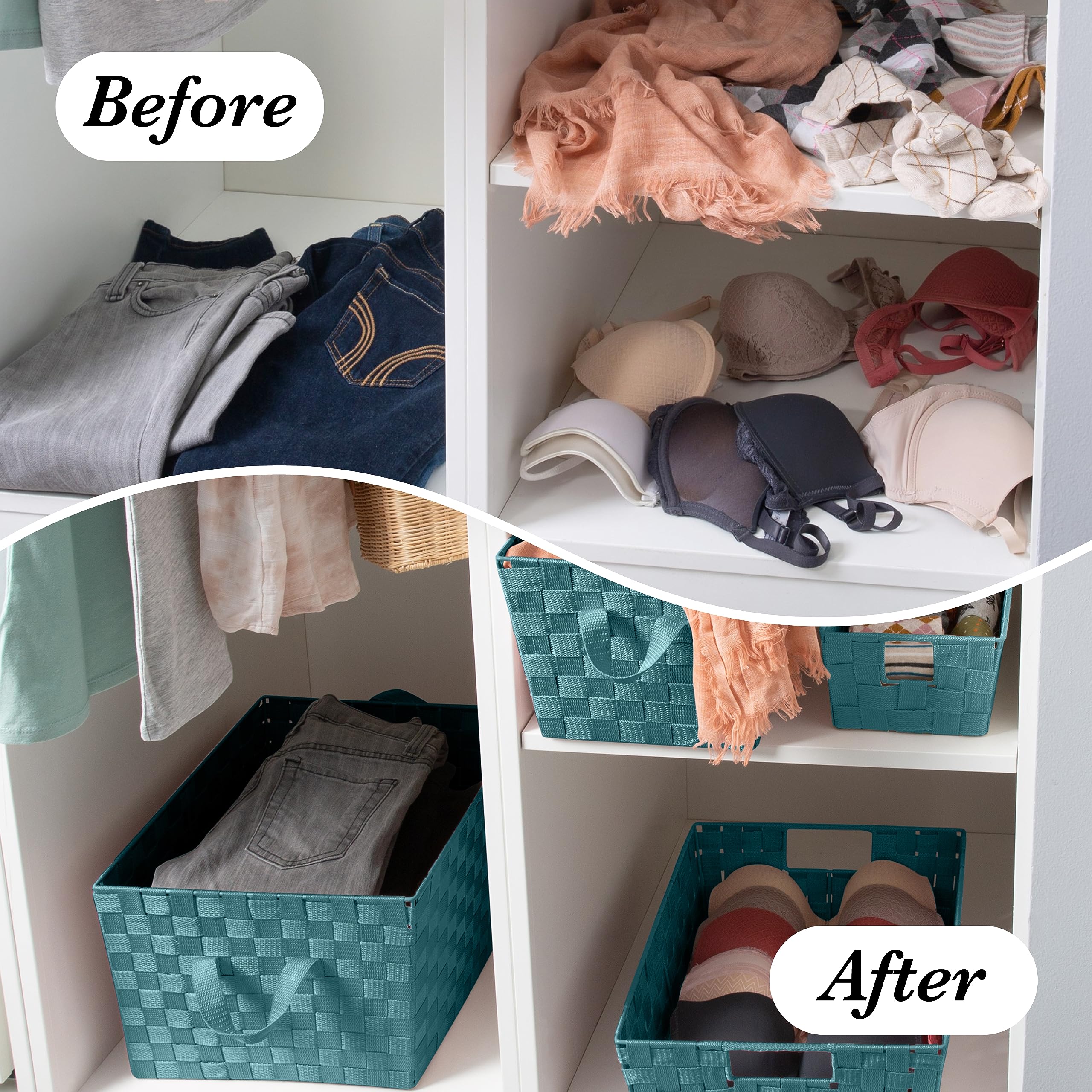 Large Woven Strap Tote Basket - 2 Pack Storage Organizer with Handles for Closet, Bedroom, Bathroom & Nursery | Perfect for Toys, Accessories & Gifts | Sapphire Blue Home Decor