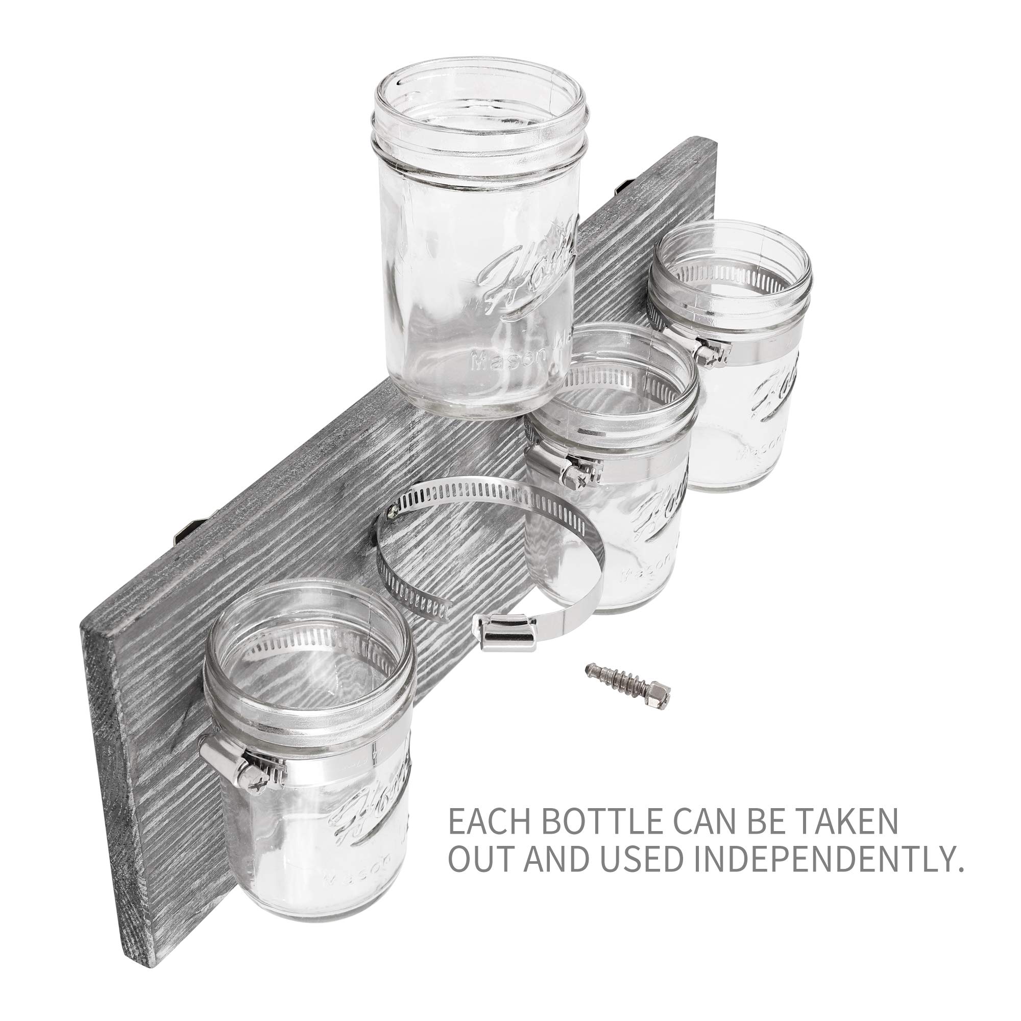 BeSuerte Rustic Antique Mason Jar Organizer - Gray Wall Mounted Hanging Holder with 4 Jars for Home Decor, Kitchen, Bathroom, Office & Farmhouse Style | Perfect for Organizing Spices, Utensils, Cotton Balls & DIY Crafts