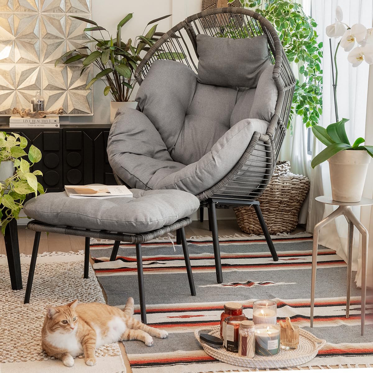 Barton 2-Piece Oversized Wicker Egg Chair Set with Ottoman - Teardrop Cocoon Style Hanging Seat for Indoor/Outdoor Use, Gray | Perfect for Patio, Garden, Living Room & Relaxation