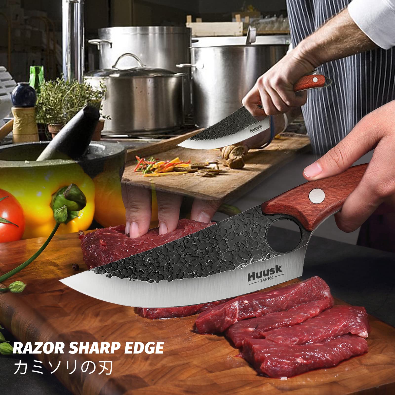Premium Huusk Chef Knife Set - Professional Viking Style Kitchen Knives for Cooking, BBQ & Outdoor Camping | High-Quality Stainless Steel Blades with Ergonomic Handle | Perfect for Home Chefs, Campers & BBQ Enthusiasts