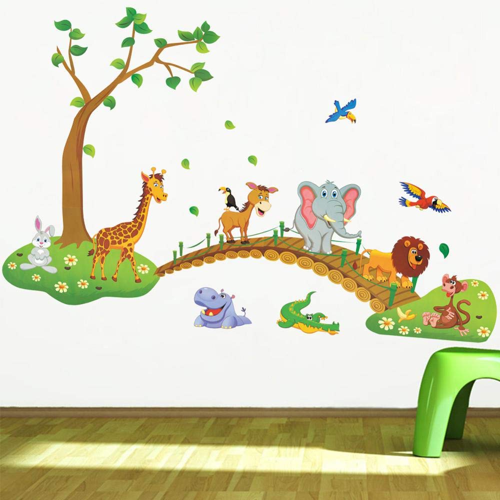 3D Cartoon Jungle Wild Animal Wall Stickers - Lion, Giraffe, Elephant & Birds Tree Bridge Decals for Kids Room, Nursery, Living Room Home Decor | Perfect for Children's Bedroom, Playroom & Classroom Wall Art