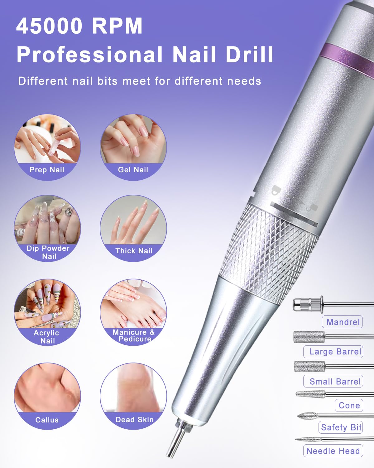 Professional Cordless Electric Nail Drill - 45000 RPM Rechargeable Diamond E-File for Acrylic & Gel Nails | Low Noise Portable Manicure Pedicure Kit | Perfect for Salon, Home & Travel Nail Care