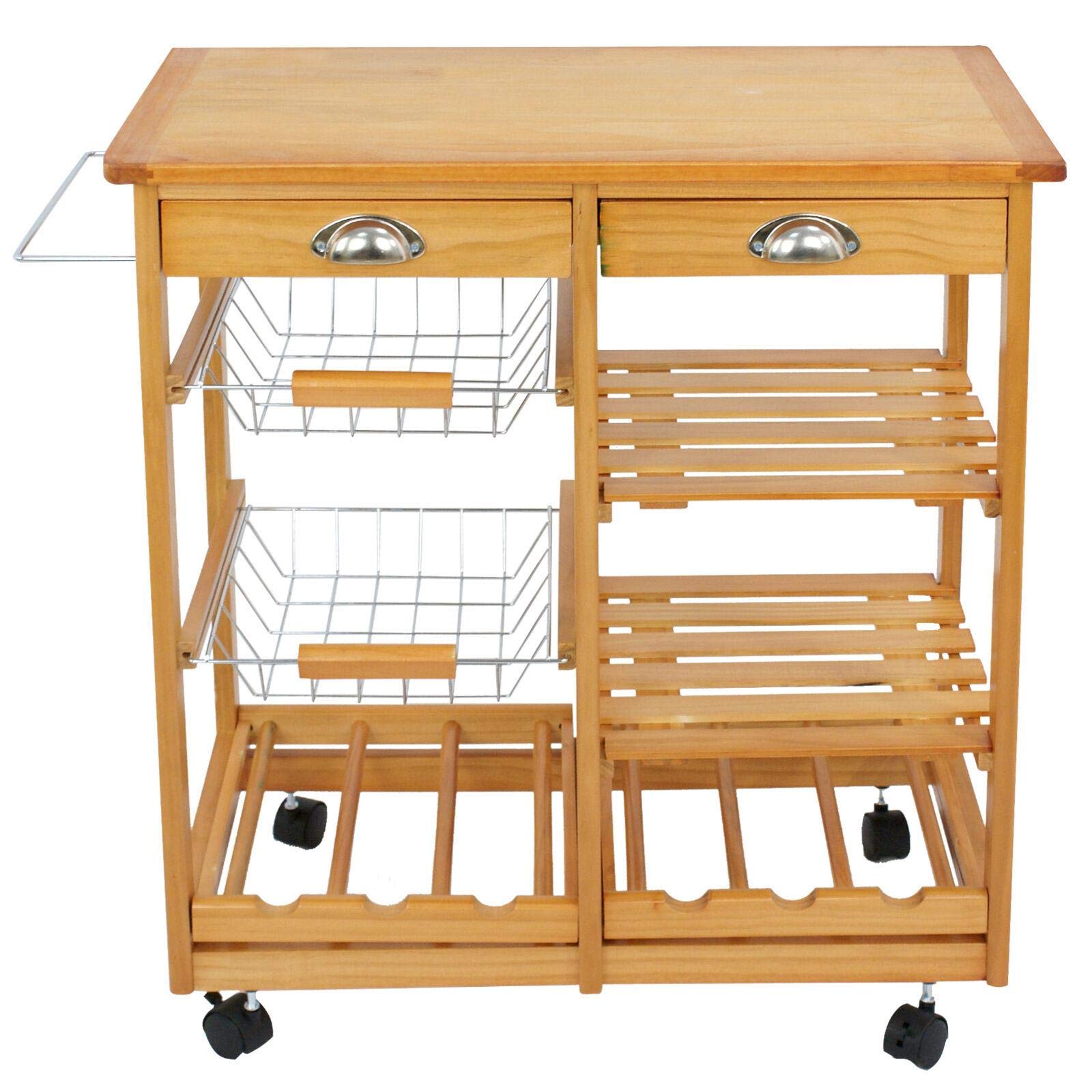 StateOJ Wooden Mobile Kitchen Cart with 2 Drawers & Storage Basket - Rolling Kitchen Island Trolley with Wheels for Pantry Organization, Cooking Prep, and Small Space Storage