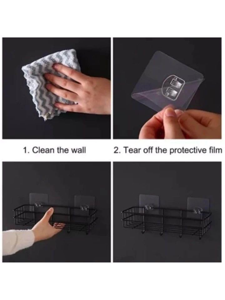 iSTAR GI Steel Self-Adhesive Bathroom Shelf with Hooks - Wall Mounted Towel Holder & Storage Rack - Space Saving Bathroom Organizer for Shower, Toilet & Kitchen (Black, Powder Coated, Pack of 1)