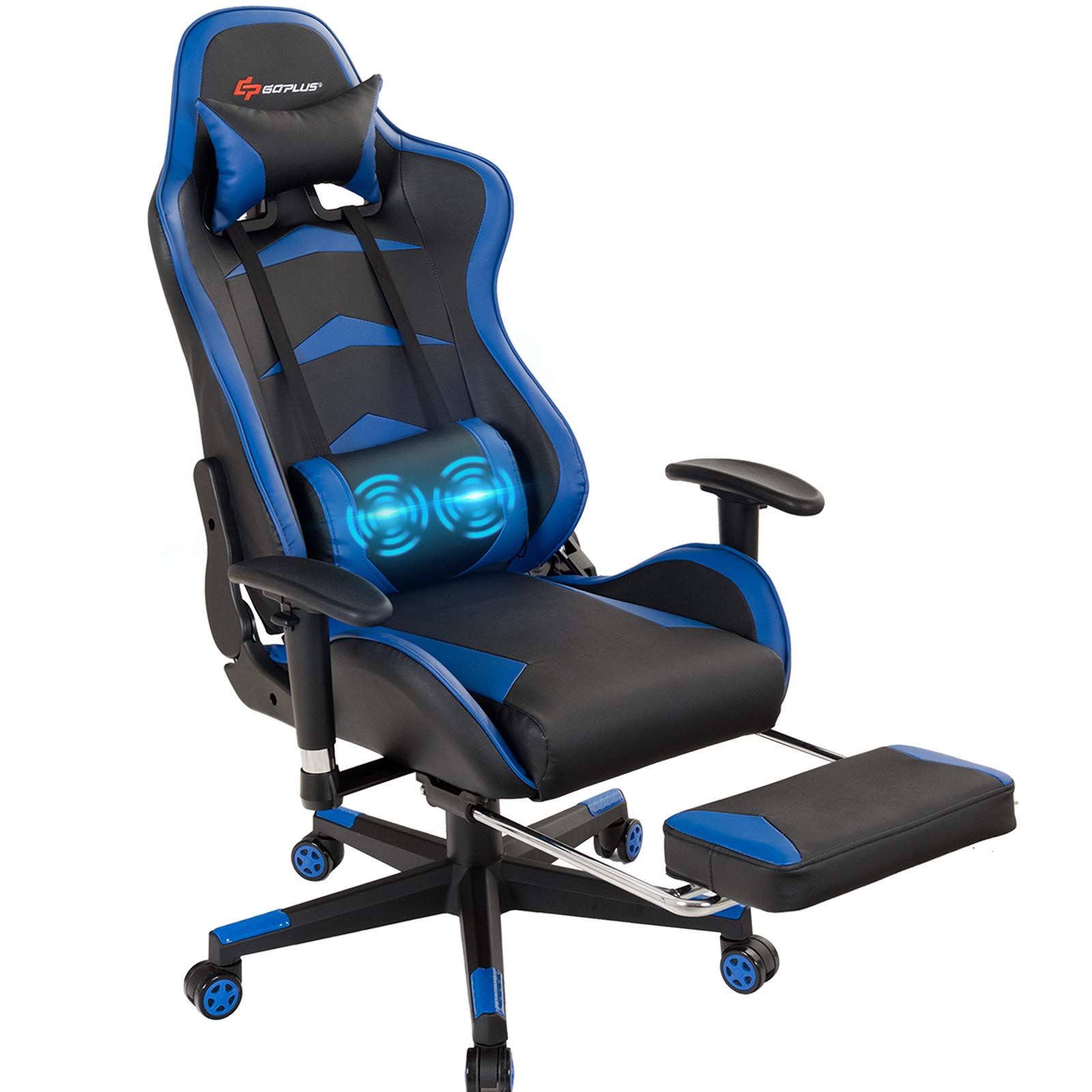 POWERSTONE Ergonomic Massage Gaming Chair with Footrest - High Back Racing Office Computer Chair for E-Sports, Lumbar Support, Adjustable Headrest & Recliner, PU Leather Swivel Rolling Chair (Blue) - Perfect for Gaming, Working & Relaxing at Home or Office