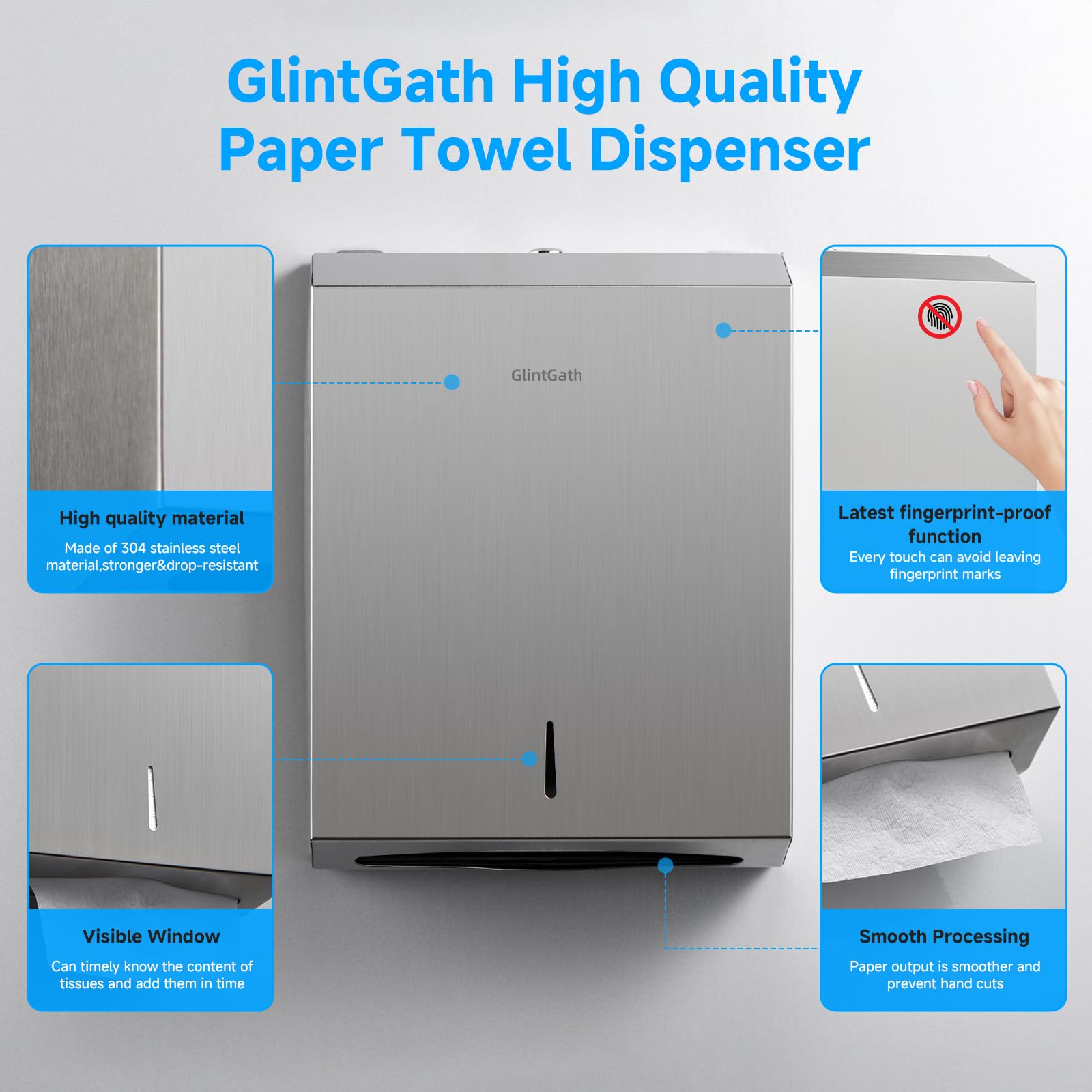 GlintGath Commercial Touchless Trifold Paper Towel Dispenser - 304 Stainless Steel Wall Mount Paper Towel Holder for Bathroom & Restroom - Brushed Finish for Office, Kitchen & Public Spaces