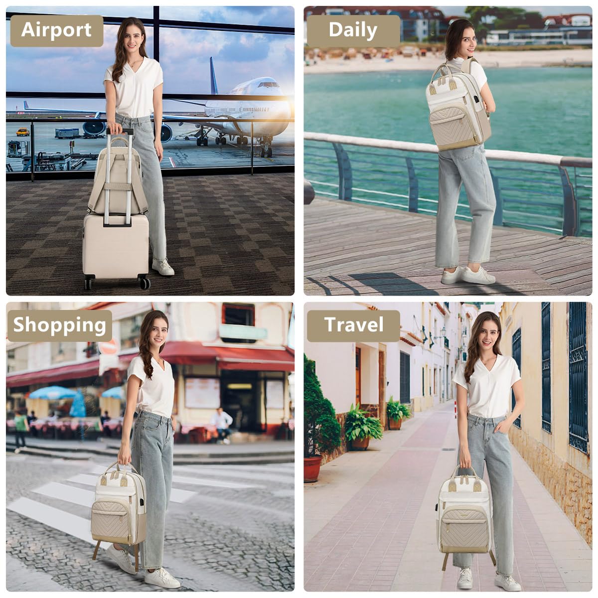 Women's 17 Inch Laptop Backpack with USB Charger - Waterproof Anti-Theft Work Bag for College, Business, Travel & Daily Commute - Perfect for Nurses, Teachers & Professionals (Beige/Khaki)
