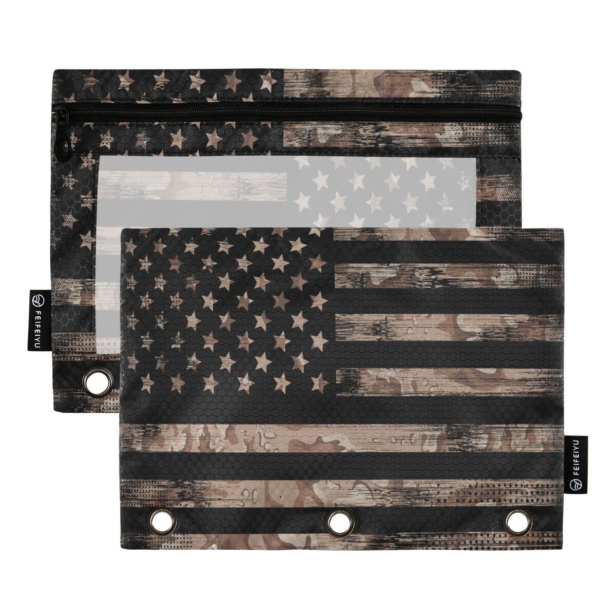 ALAZA USA Flag Desert Camouflage Pencil Pouch - 2 Pack Clear Window Zipper Pencil Cases for 3 Ring Binders, School Supplies & Office Organization | Perfect for College Students, Backpack Essentials & Workstation Storage
