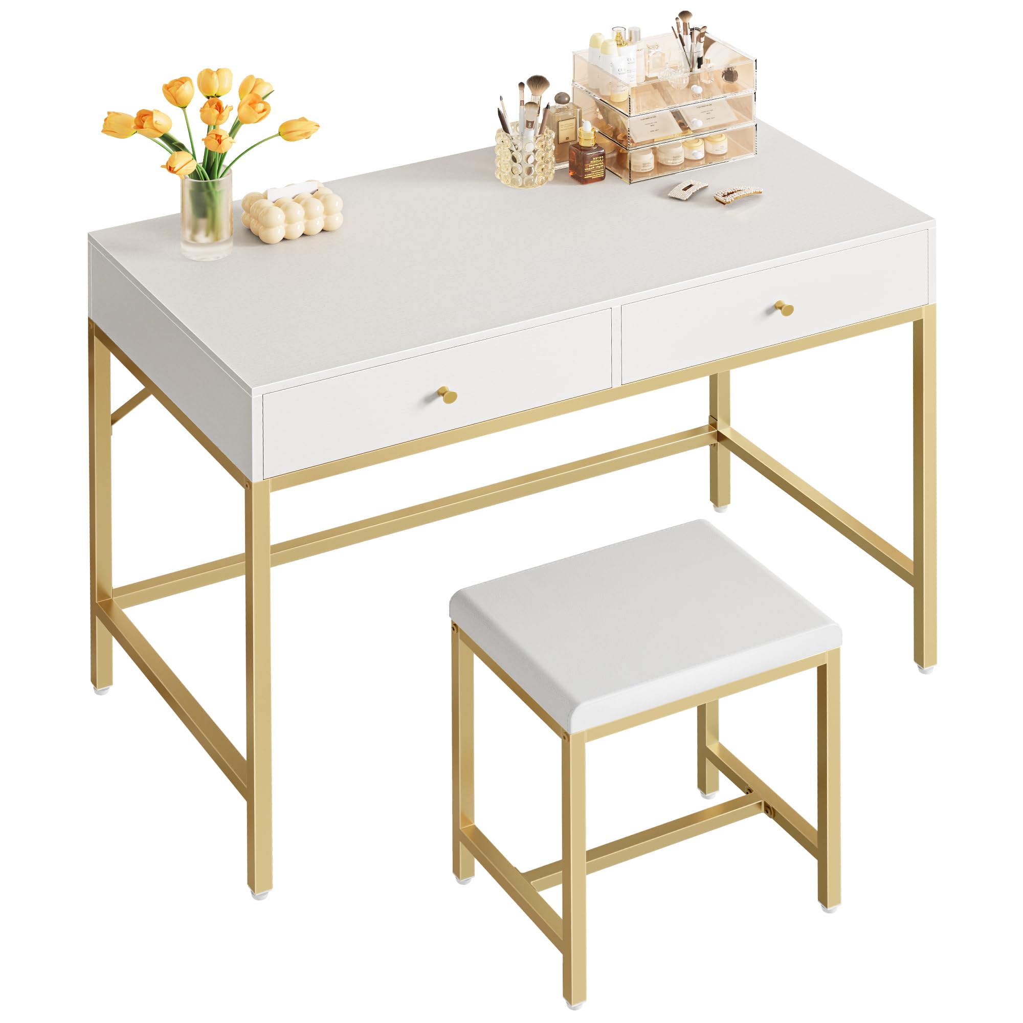 SUPERJARE 35.4 Inch White and Gold Modern Vanity Desk with 2 Drawers & Padded Stool - Elegant Makeup Dressing Table, Compact Computer Desk for Home Office, Study, Bedroom | Perfect for Small Spaces, Makeup Application, Remote Work & Study Sessions