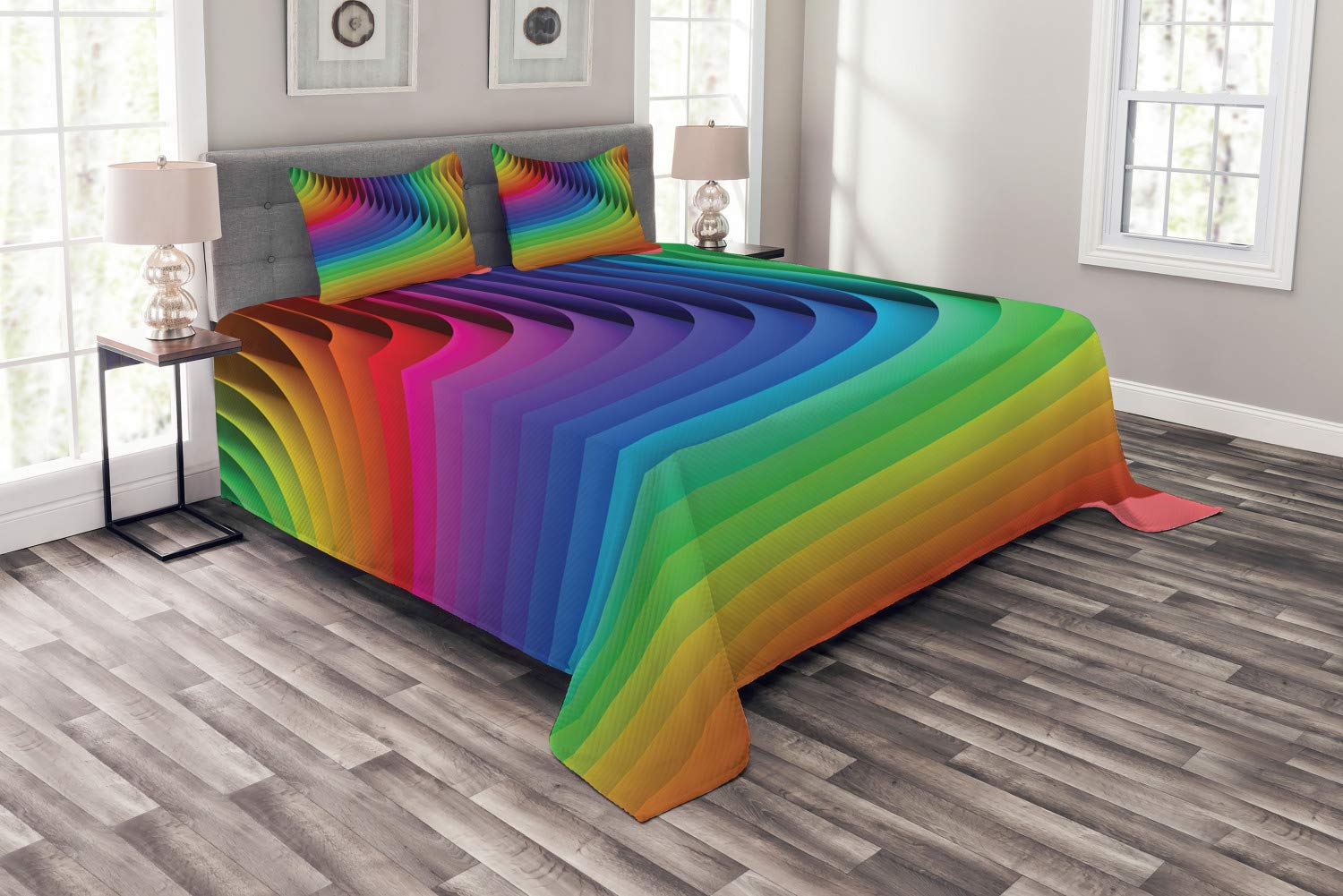 Ambesonne Psychedelic Color Wave Bedspread Set - 3 Piece Queen Size Futuristic Style Bedding with 2 Pillow Shams, Radiant Blush Hue Curls Graphic Art - Perfect for Boho Chic Bedroom Decor & Guest Room Makeover