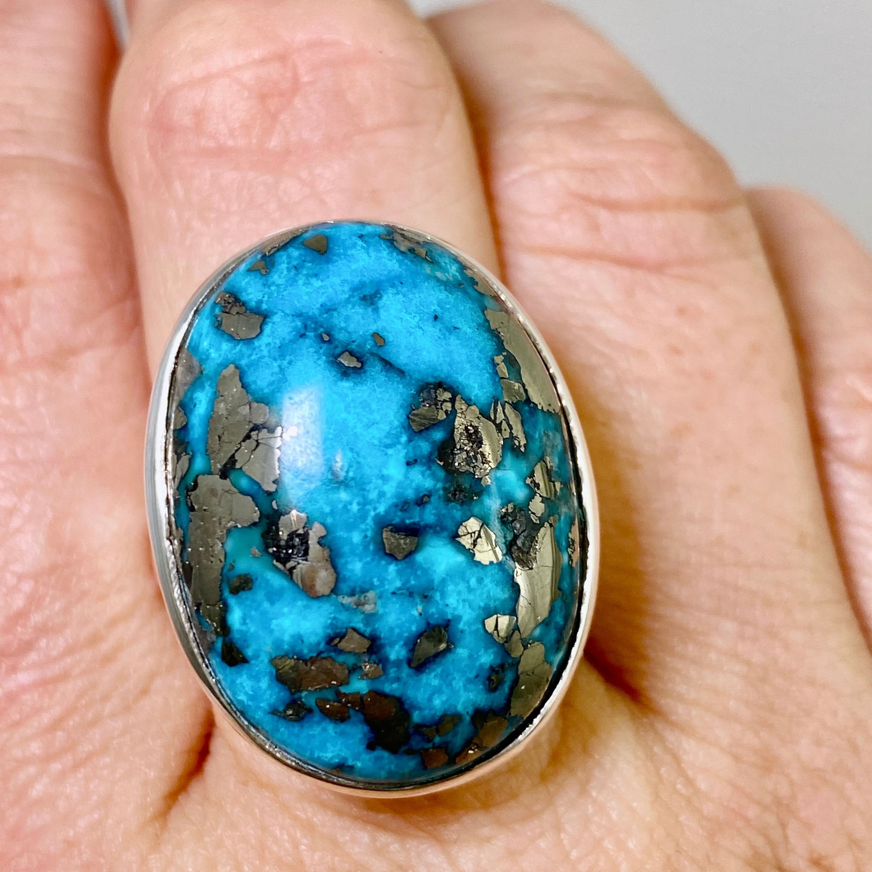 Natural Persian Turquoise with Pyrite Oval Cabochon Ring - Size 9 - Handmade Iranian Jewelry - Perfect for Boho Fashion & Gift Giving