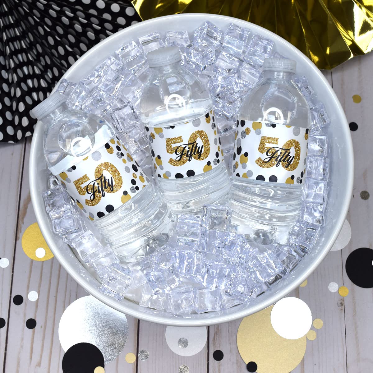 50th Birthday Party Waterproof Bottle Stickers - Confetti Polka Dot Wrap Around Labels for Anniversary Celebrations (20 Pack, 1.75
