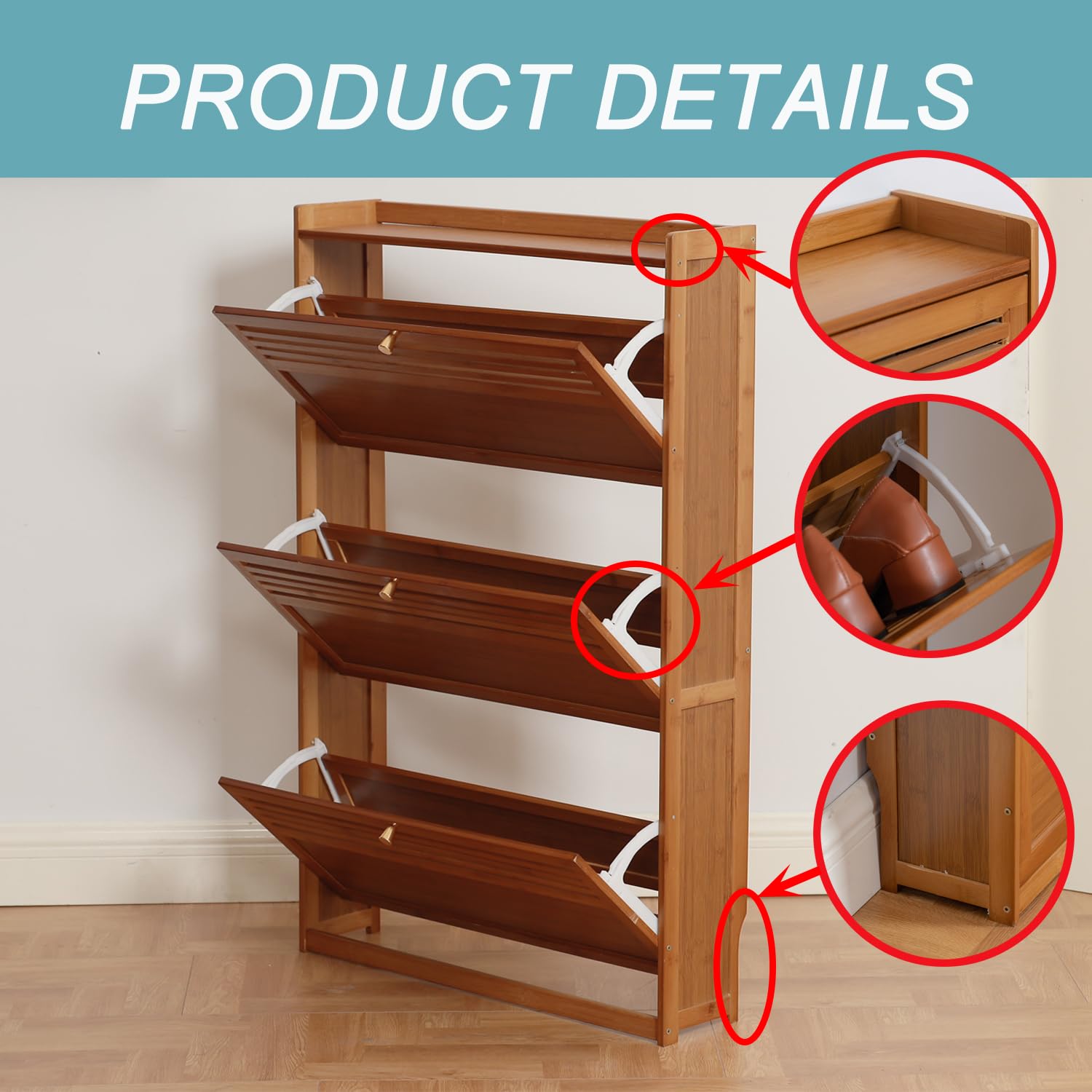 Latifolia 3-Tier Bamboo Shoe Storage Cabinet with Flip Drawers - Free Standing Shoe Organizer for Entryway, Hallway, Living Room (27.57