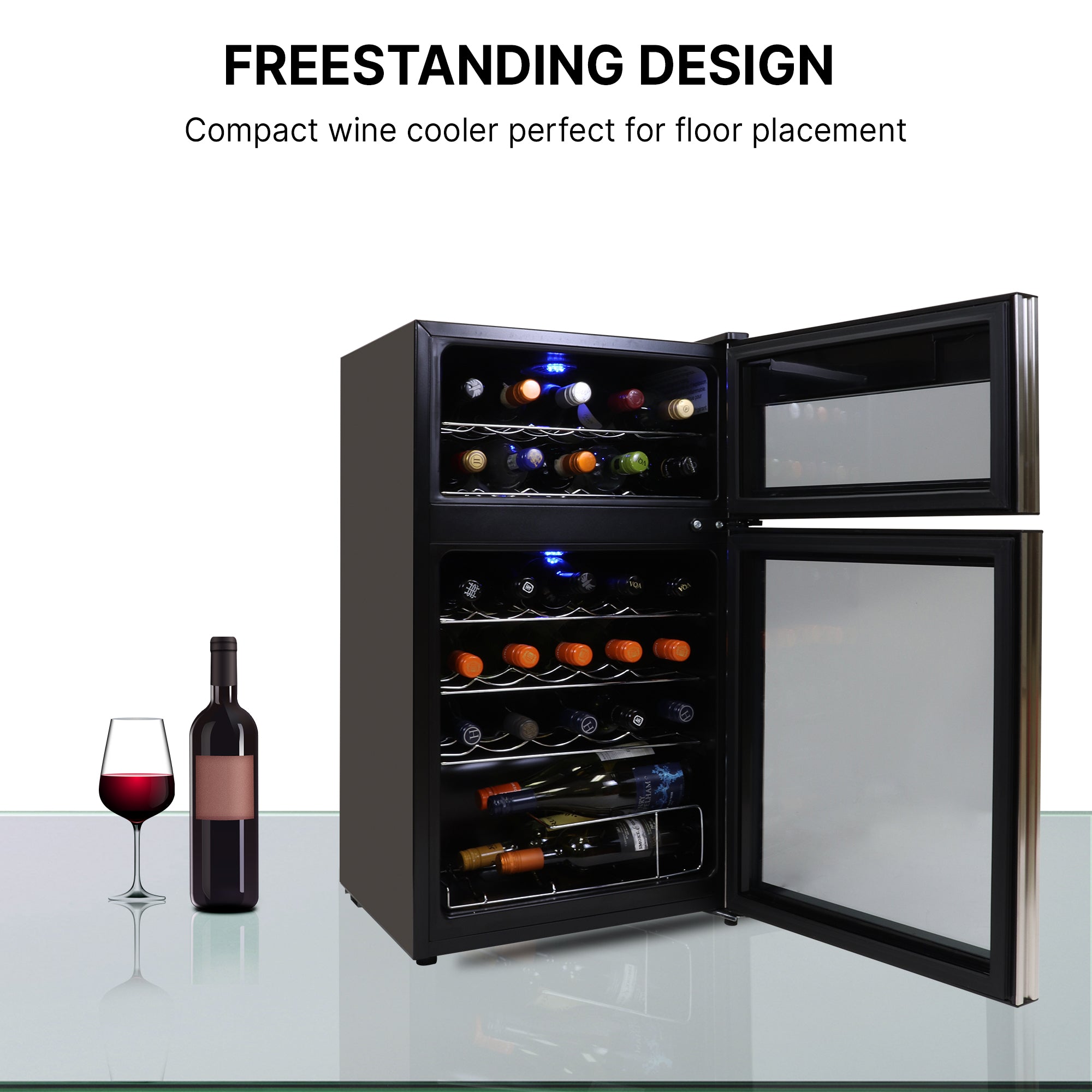 Koolatron 29 Bottle Dual Zone Wine Cooler - 3 cu ft (86L) Compressor Wine Fridge for Red, White & Sparkling Wines | Freestanding Wine Cellar for Home Bar, Kitchen, Apartment | Black Compact Wine Storage Solution | Perfect for Entertaining & Wine Collecting