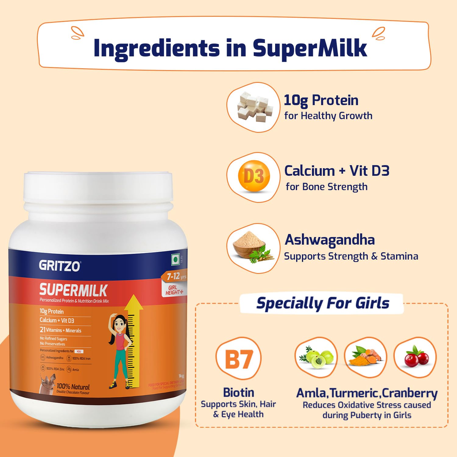 Gritzo SuperMilk Height+ Protein Powder for Girls Age 7-12 - Double Chocolate Flavor (1kg) | 10g Protein, 21 Vitamins & Minerals, No Refined Sugar | Supports Growth, Bone Health & Immunity for Active Kids