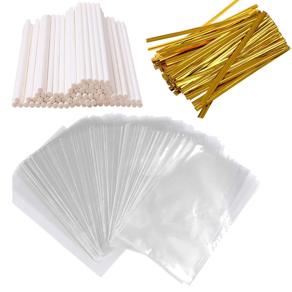 FOCCTS 300Pcs Cake Pop Sticks & Wrappers - 6 Inch Paper Lollipop Sticks with Gold Twist Ties - Perfect for Cake Pops, Lollipops, Hard Candy, Cookies, Chocolate & Party Treats - Great for Birthday, Wedding & DIY Dessert Decorations