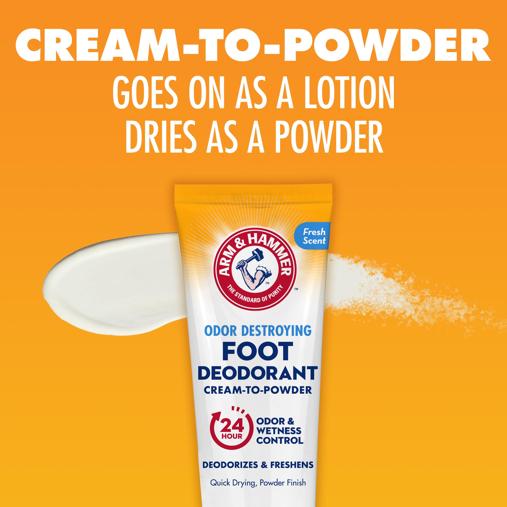 Arm & Hammer Cream to Powder Foot Deodorant - 24 Hour Odor & Wetness Protection, Long Lasting Antiperspirant for Fresh & Dry Feet - Apply as Cream Dries to Powder - Perfect for Active Lifestyles, Work Boots & Sweaty Feet