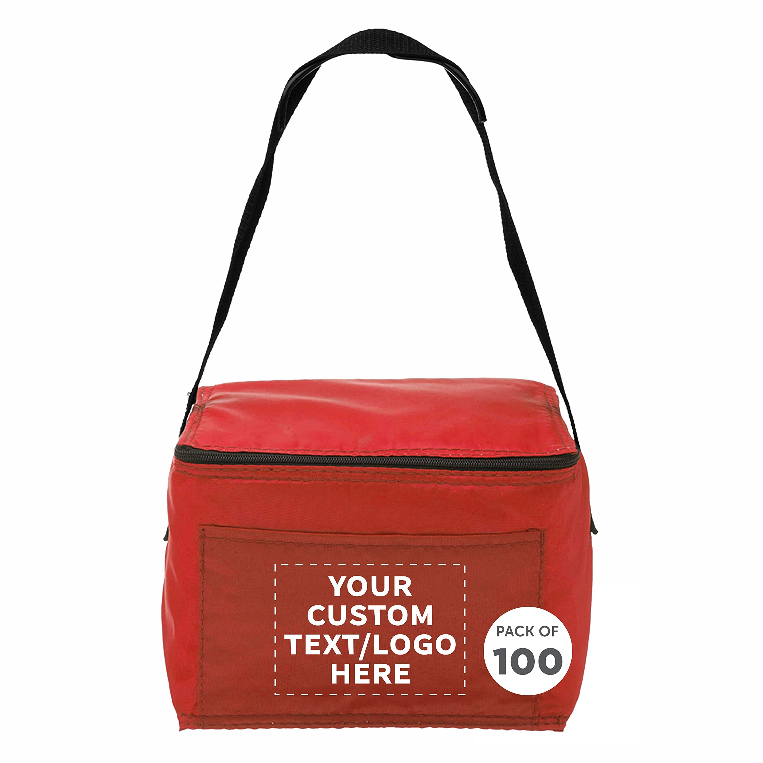 Custom Insulated Small Lunch Bags Bulk Pack of 100 - Personalized Cooler Bags for 6 Cans | Office Lunch, Picnic, Beach Essentials | Red Reusable Lunch Totes for Work & Outdoor Activities