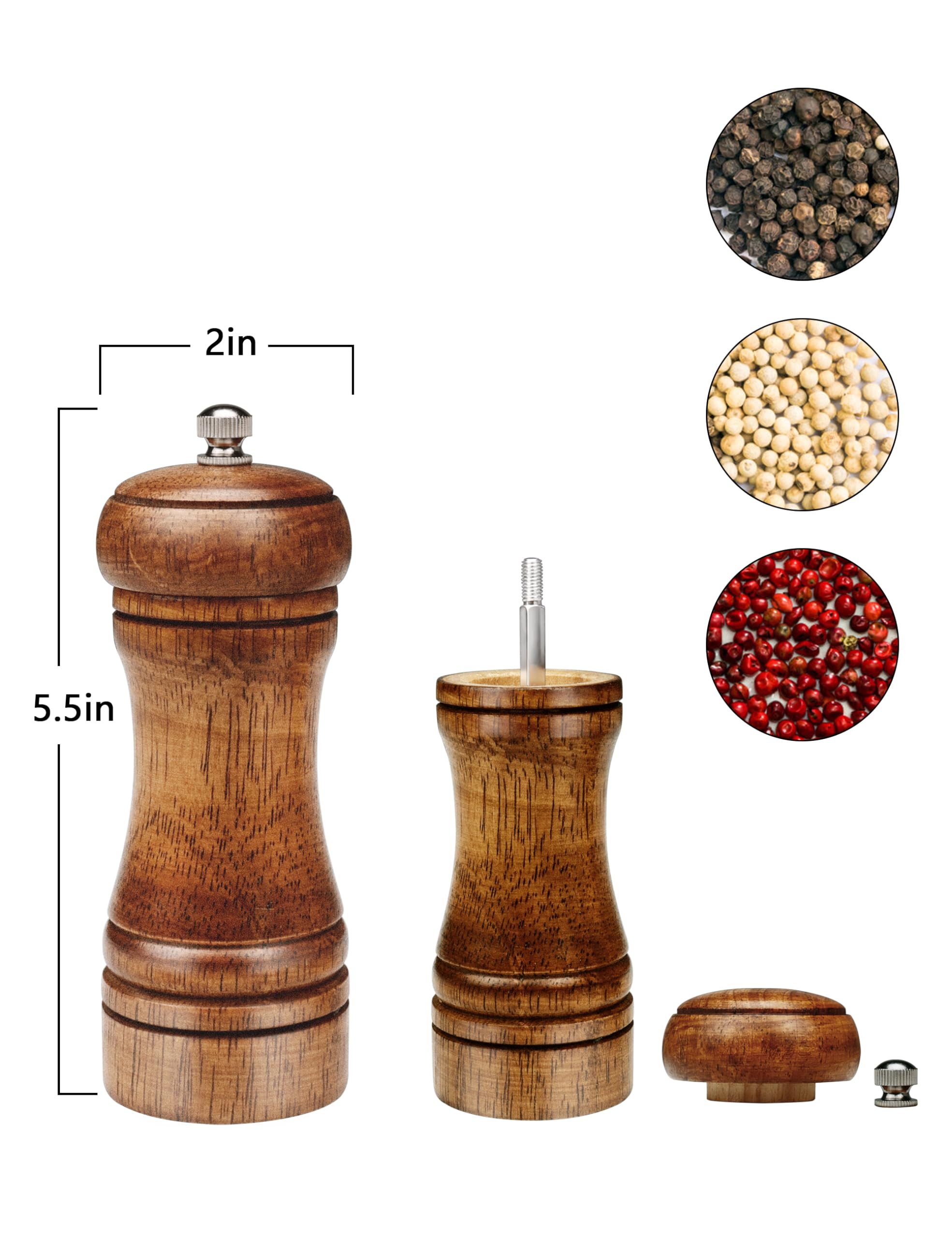 Premium Gulex® 8 Inch Wooden Pepper Grinder & Salt Mill - Adjustable Coarseness, Ceramic Grinding Mechanism, Refillable - Dark Color (5.5