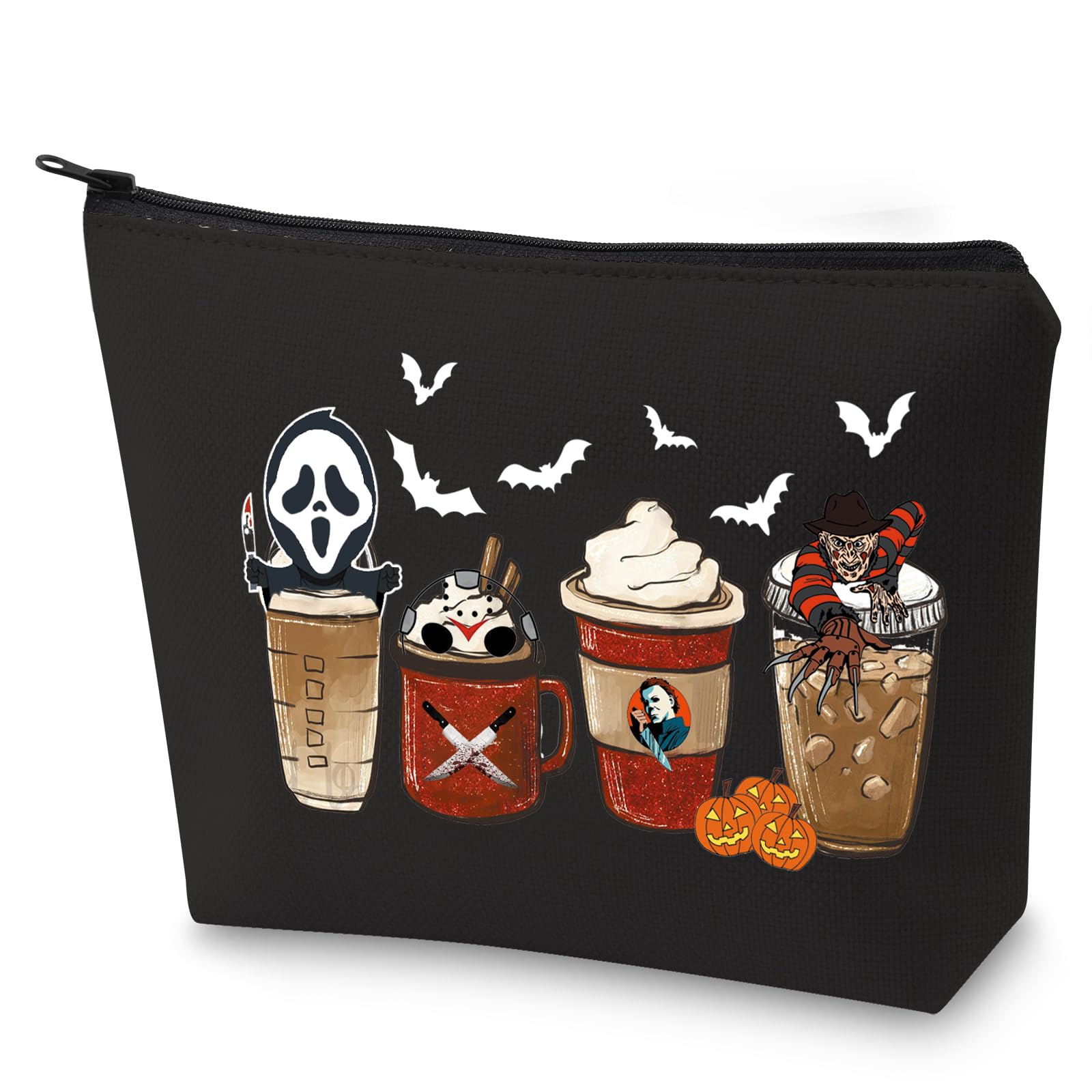 BLUPARK Horror Coffee Cosmetic Bag - Halloween Makeup Pouch for Horror Movie Fans - Spooky October Gift with 3 Pumpkin Designs - Perfect for Halloween Parties, Cosplay Events & Horror Conventions