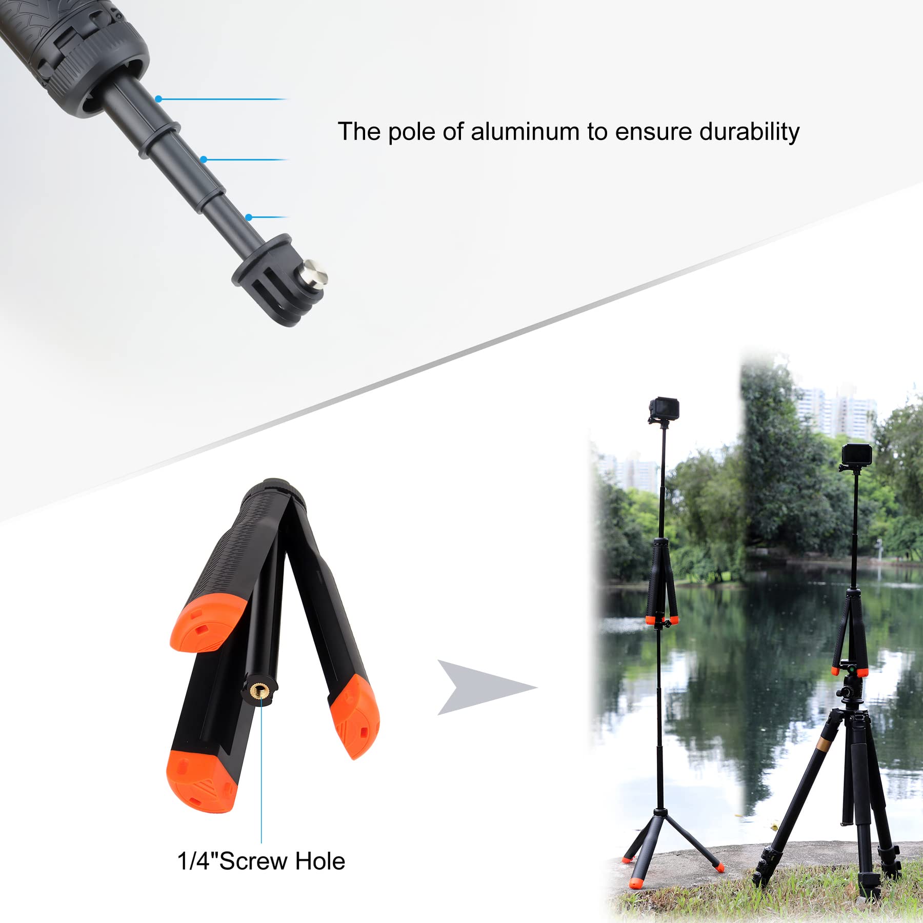 Extendable Selfie Stick with Tripod Stand - 3-in-1 Multi-Function Handheld Monopod for GoPro Hero 3 to 13/Session/2018 & Smartphones - Perfect for Travel, Vlogging, Water Sports and Outdoor Adventures