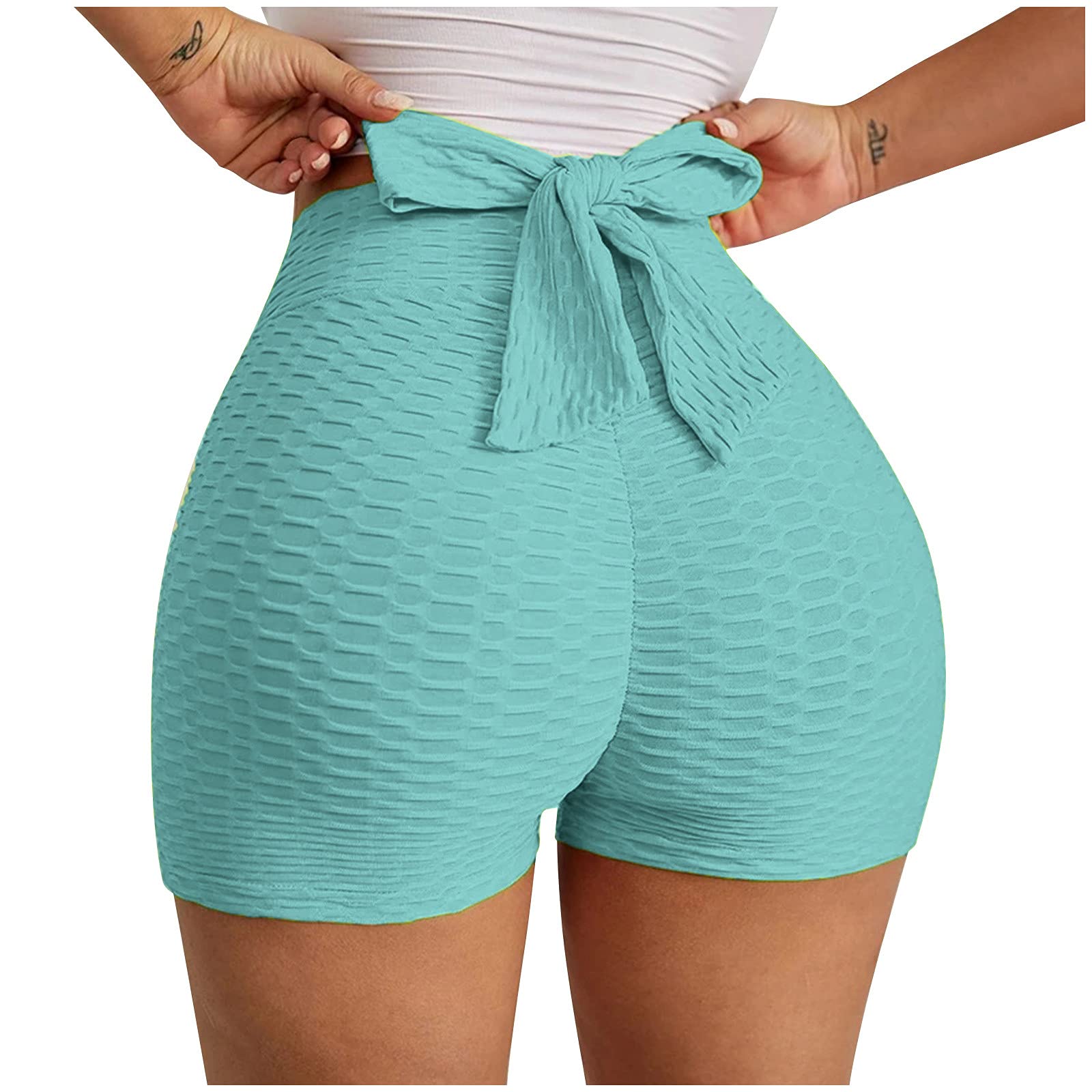 YHAIOGS Women's High Waisted Athletic Shorts - Stretchy Yoga Shorts with Bow Tie Design for Running, Workout & Lounge | Solid Color Comfort Fit Leggings