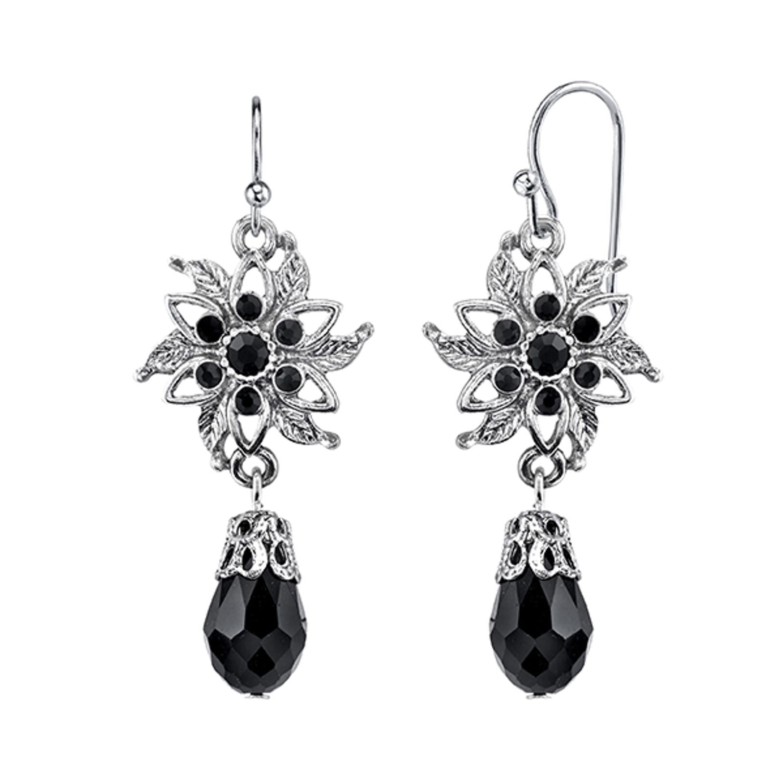 1928 Black Crystal Flower Dangle Earrings for Women - Vintage Jet Crystal Drop Earrings for Party, Wedding & Evening Wear