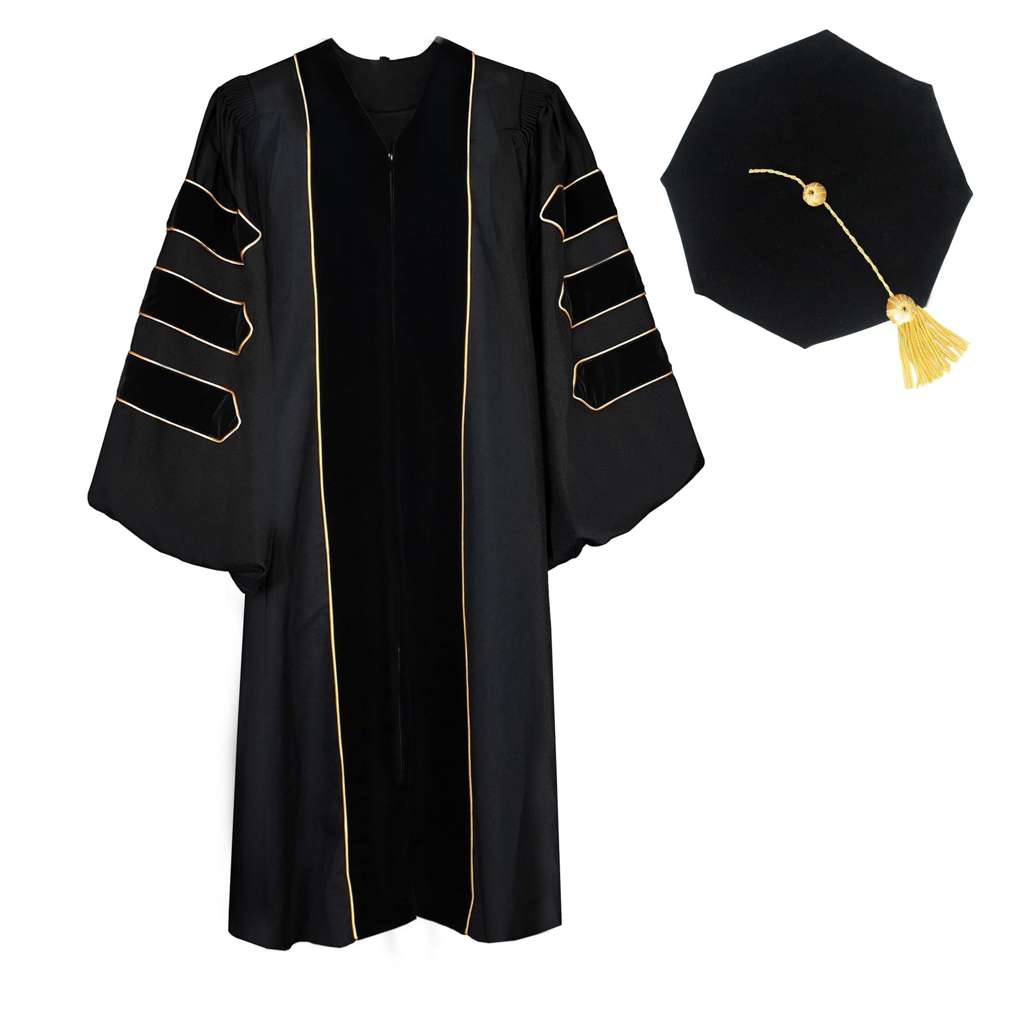 Unisex Doctoral Graduation Gown & 8-Side Tam with Gold Piping - Premium PhD Regalia for Commencement Ceremonies, Academic Events & Graduation Photos