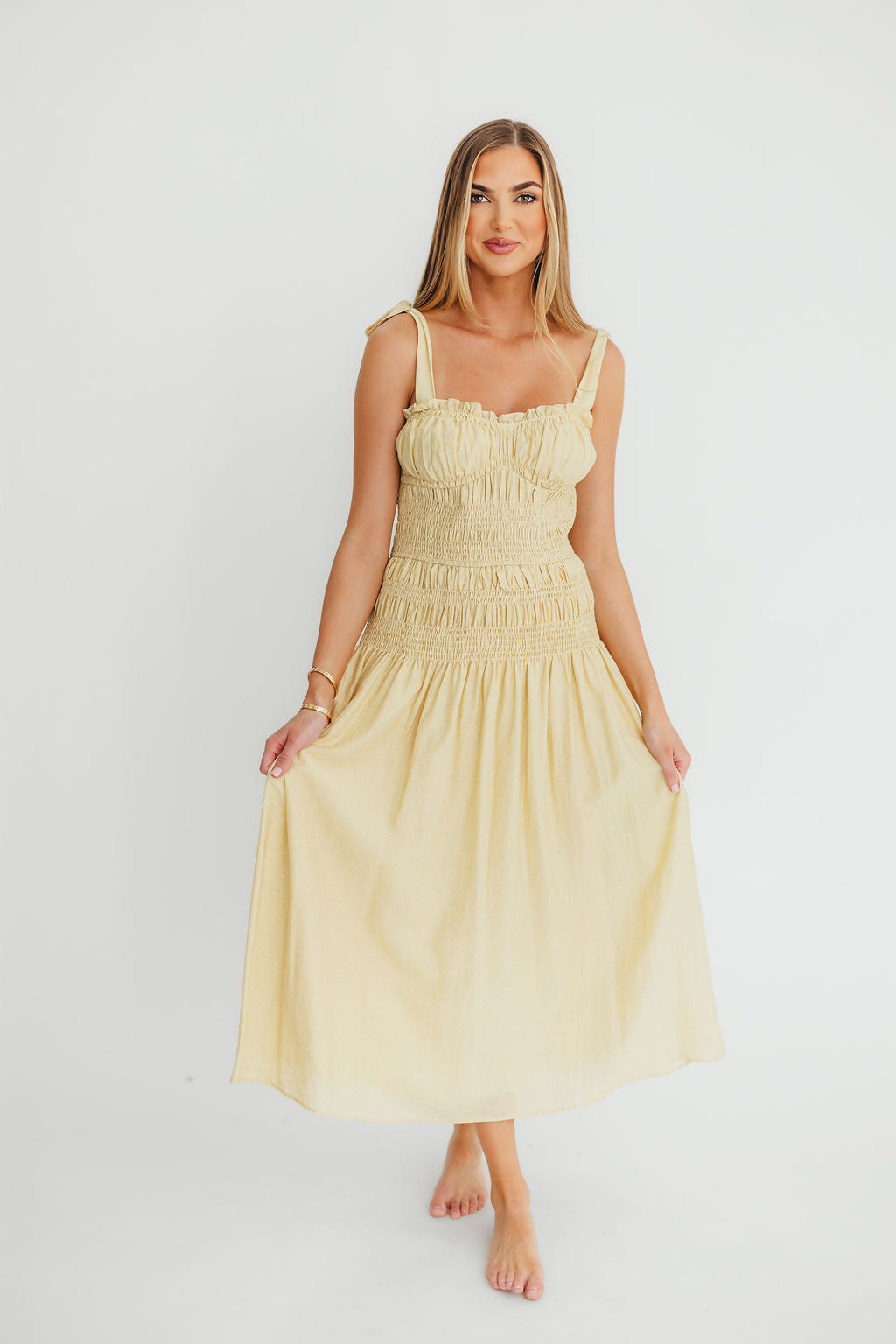 Della Women's Adjustable Tie Midi Dress in Yellow - Flowy Summer Casual Dress for Beach, Party & Office Wear