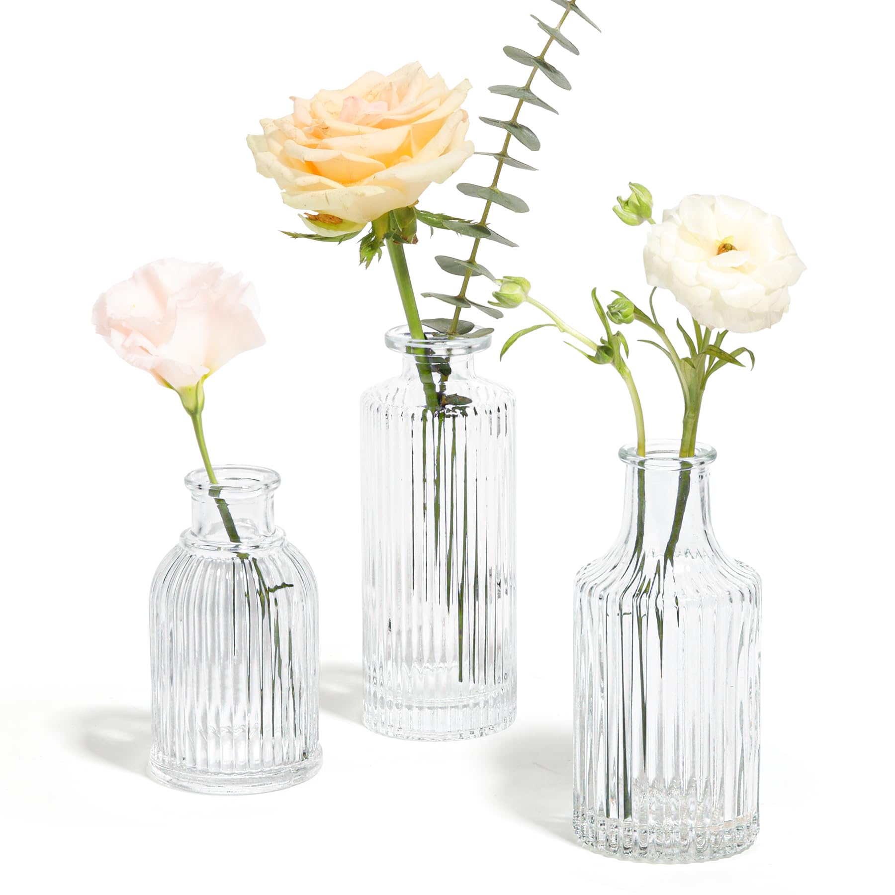 ComSaf Set of 3 Clear Glass Bud Vases - Small Ribbed Flower Vases for Wedding Centerpieces, Party Decor & Home Table Decorations - Vintage Style Mini Vases in Different Sizes (Perfect for Weddings, Parties, and Home Décor)