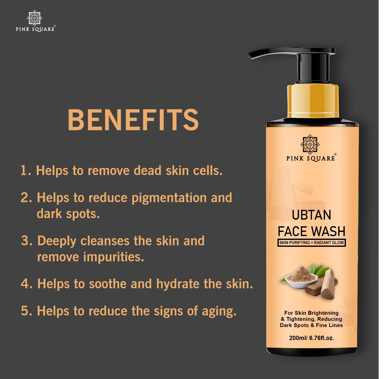 Pink Square Ubtan Face Wash for Tan Removal & Blemish Minimizing - With Saffron, Turmeric & Natural Ingredients | Even Skin Tone & Glow | 200ml | Perfect for Daily Skincare & Brightening Dull Skin