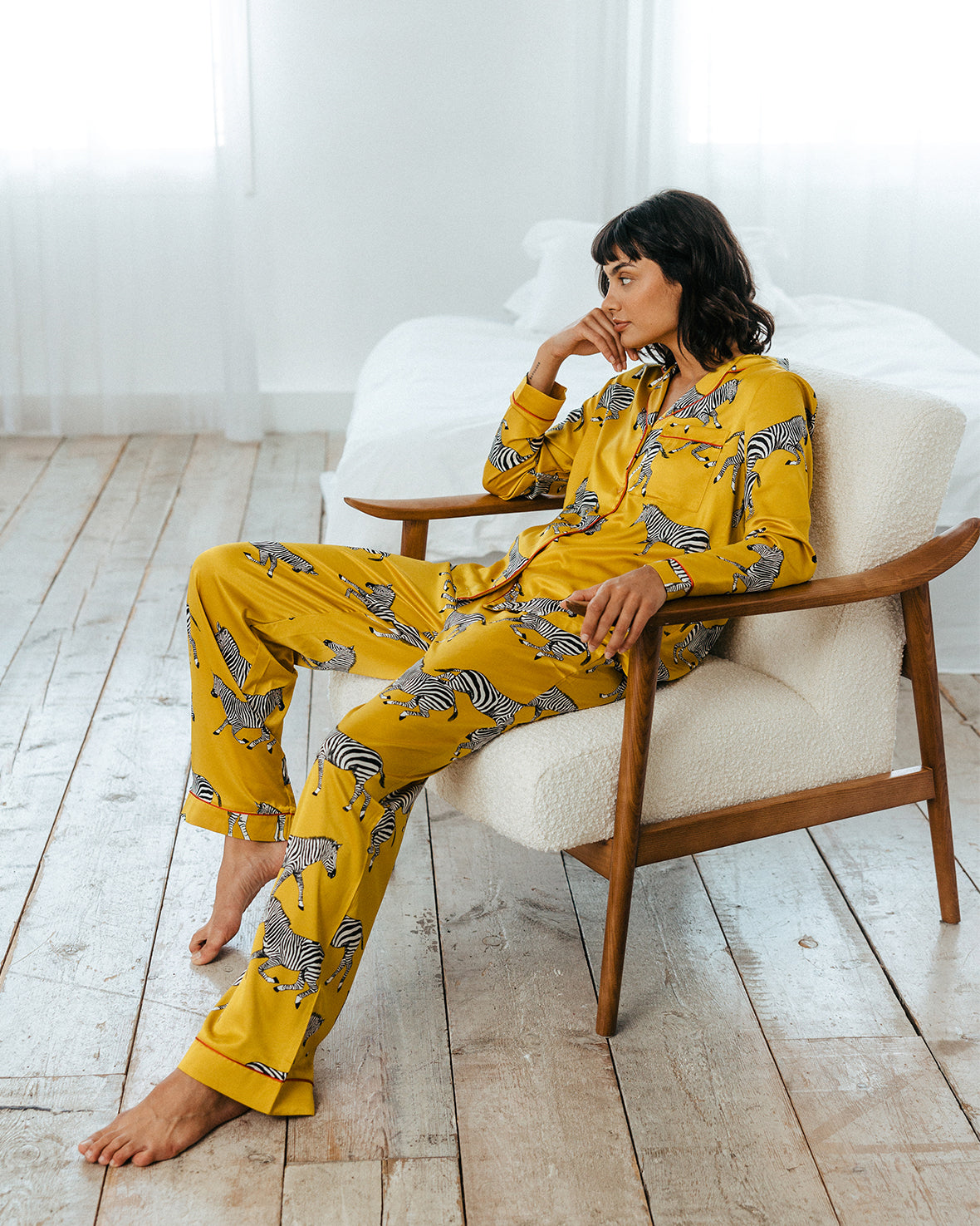 Satin Zebra Print Long Pajama Set for Women - Mustard Yellow Sleepwear, Comfortable Loungewear for Relaxing at Home