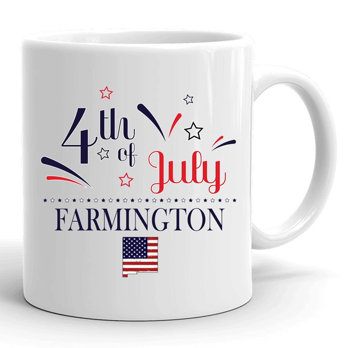 Personalized 11oz White Coffee Mug - Custom USA Flag Design with Any City & State - Happy 4th of July Gift for Independence Day - Perfect for Farmington New Mexico Residents - Great for Home, Office & Patriotic Celebrations